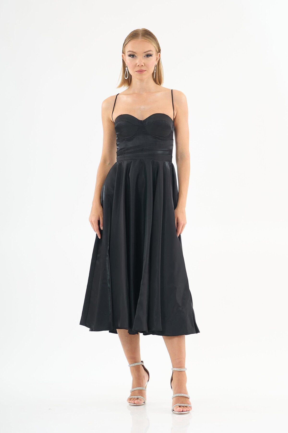 Carmen-Satin Organza Black Evening Dress - Strappy Design 1