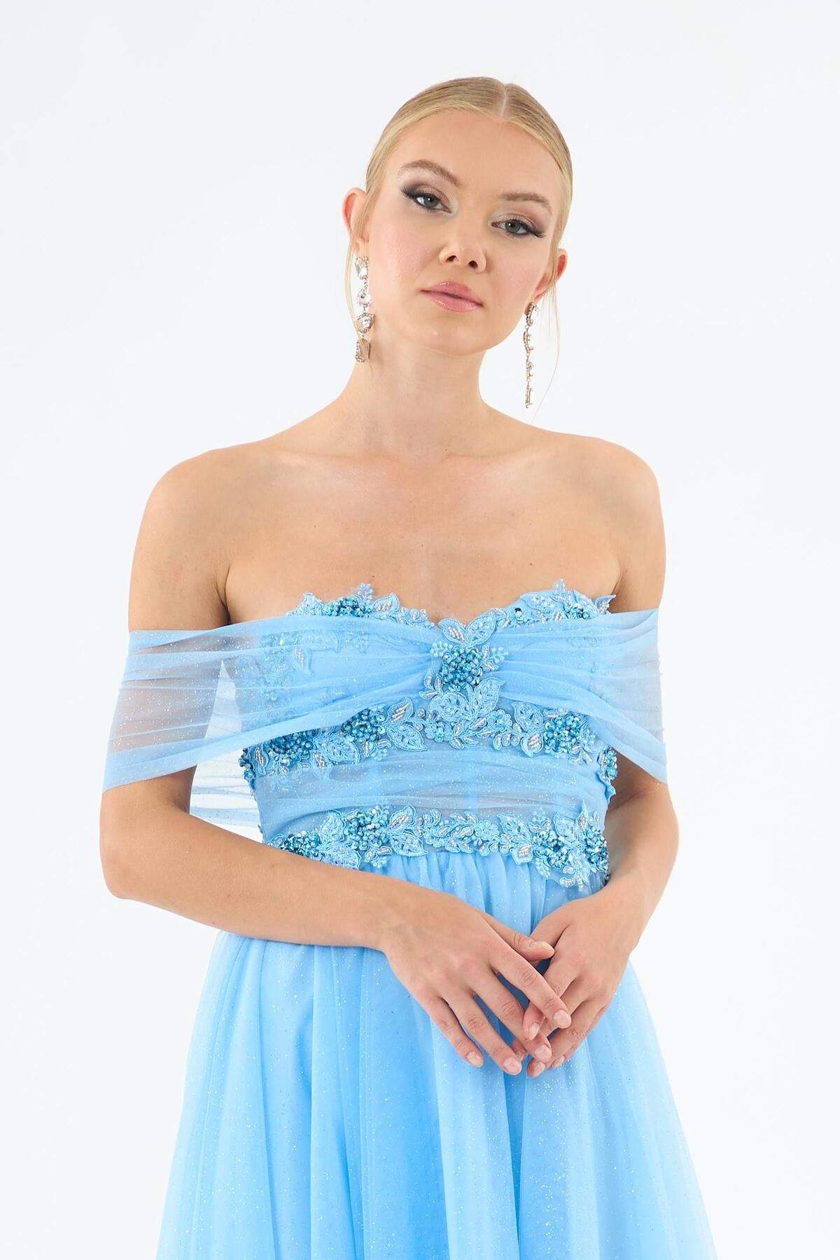 Carmen-Blue Low Arm Embroidered Tulle Engagement Dress 3