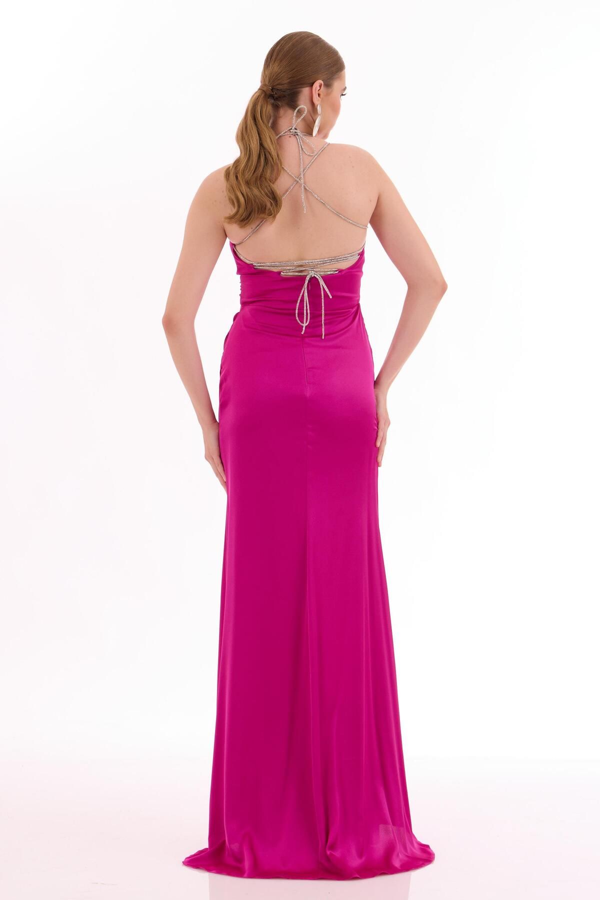 Carmen-Fuchsia Stone Strap Satin Evening Dress 5