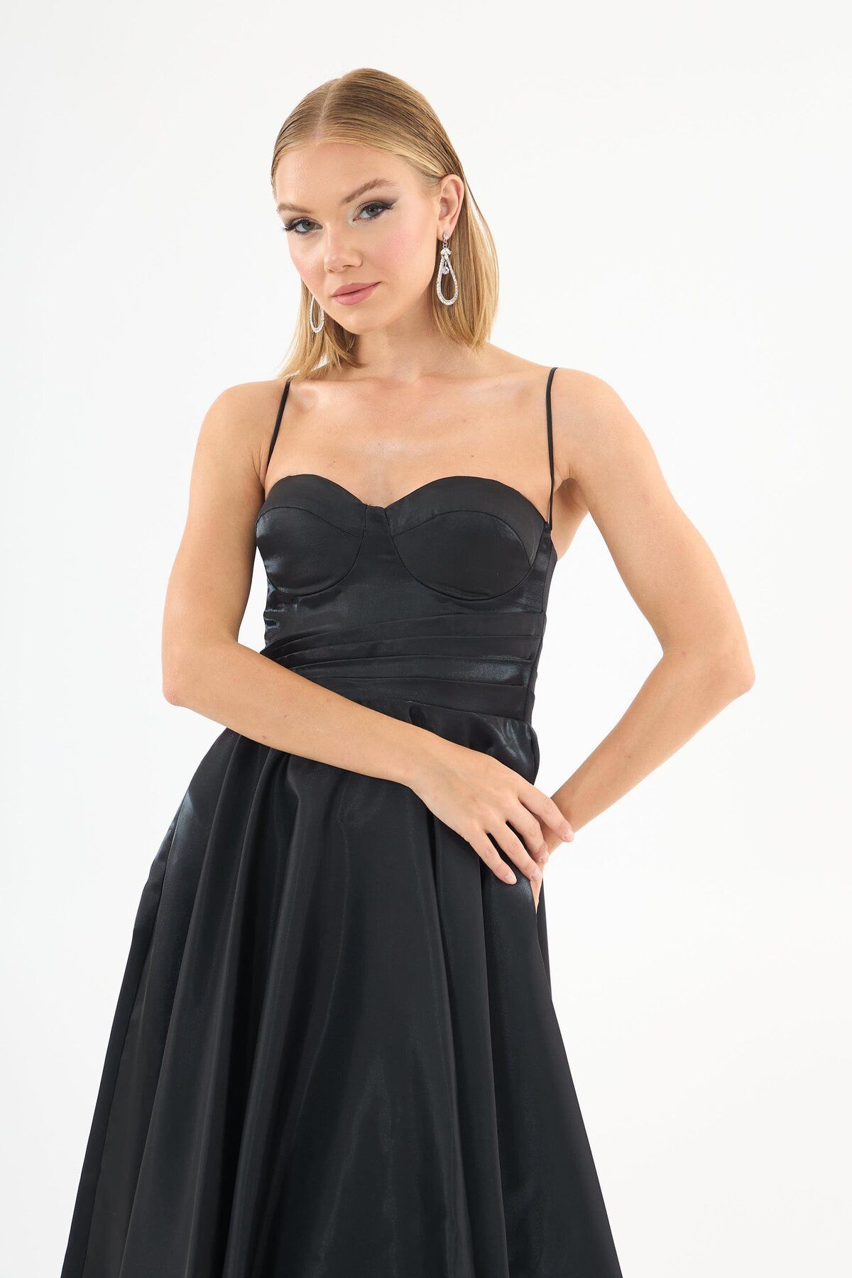 Carmen-Satin Organza Black Evening Dress - Strappy Design 3