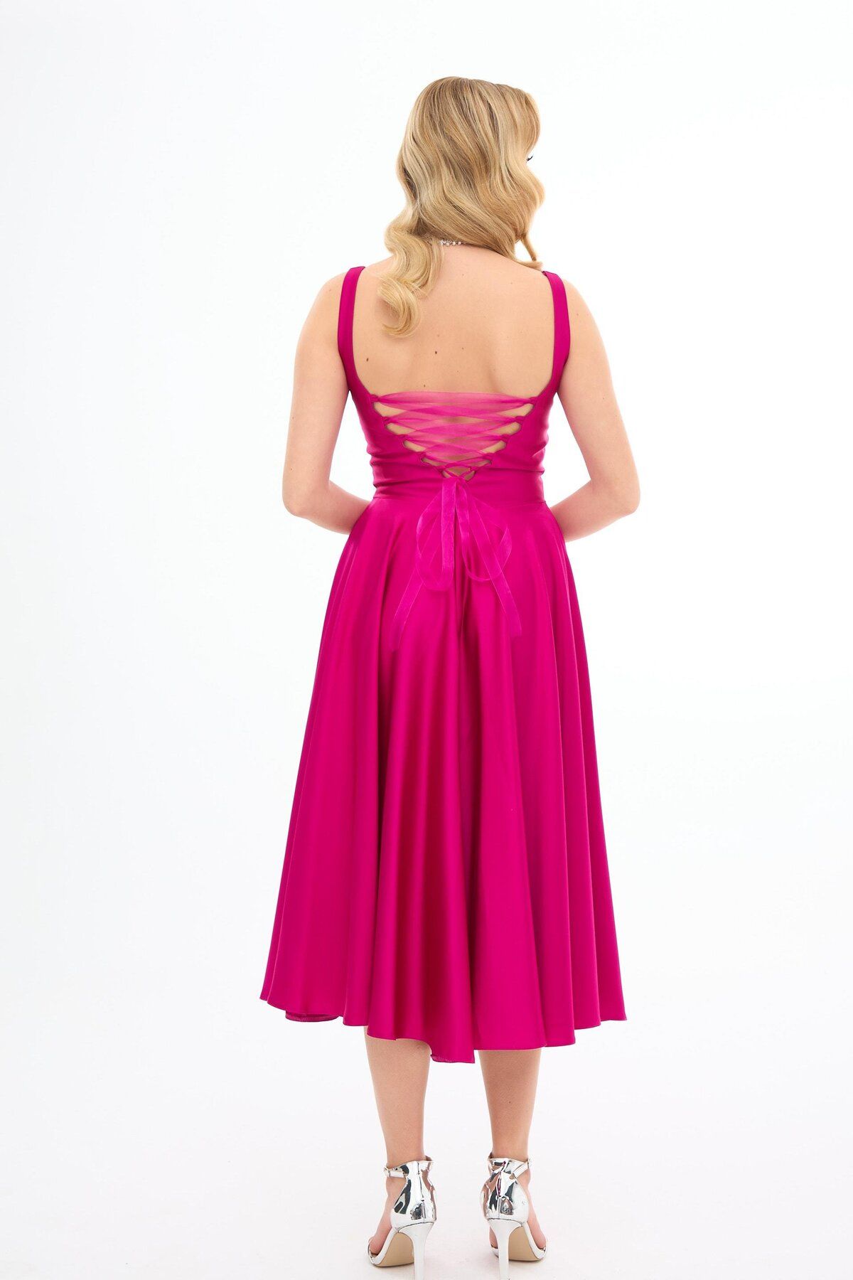 Carmen-Fuchsia Backless Midi Satin Evening Dress 5