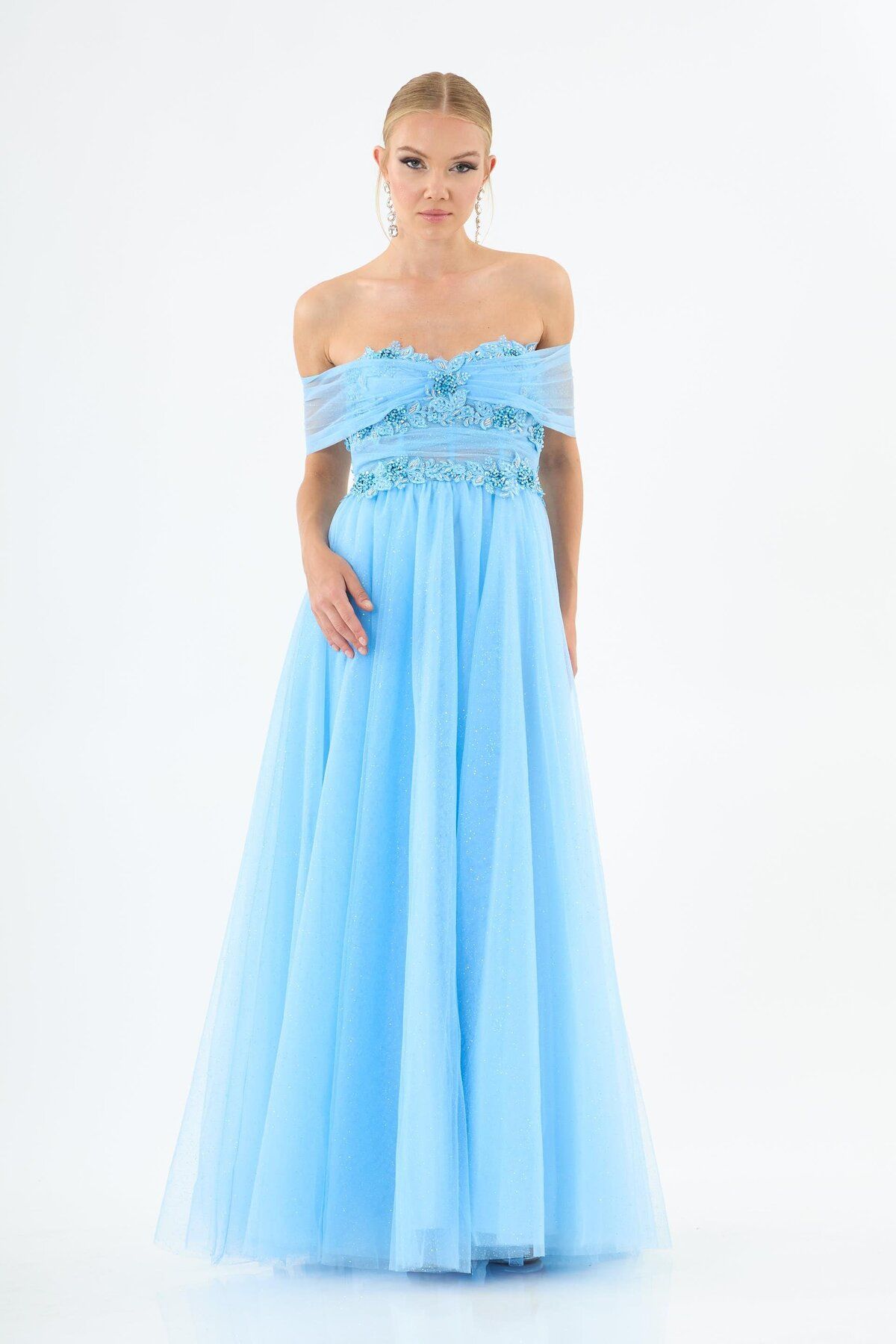 Carmen-Blue Low Arm Embroidered Tulle Engagement Dress 1