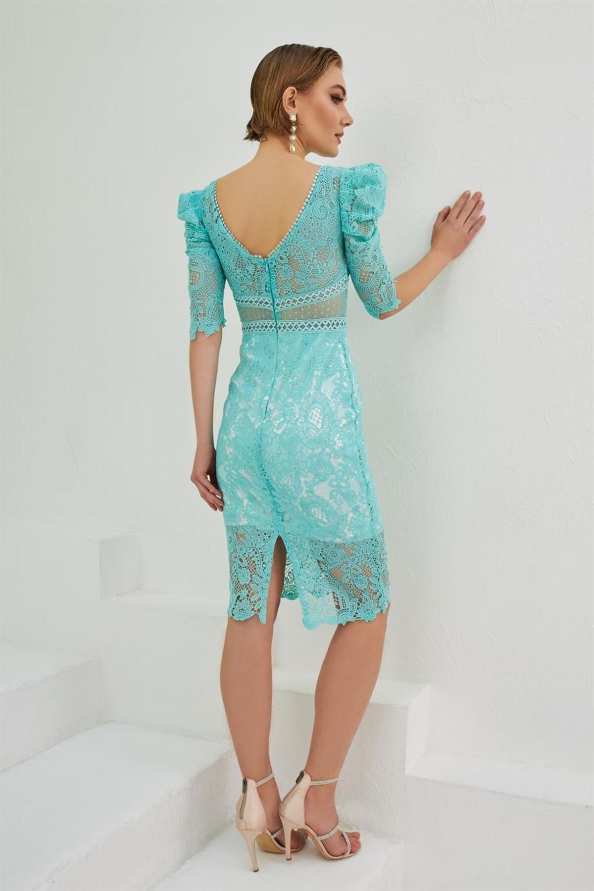 Carmen-Mint Lace Sleeve Flounce Prom Dress 4