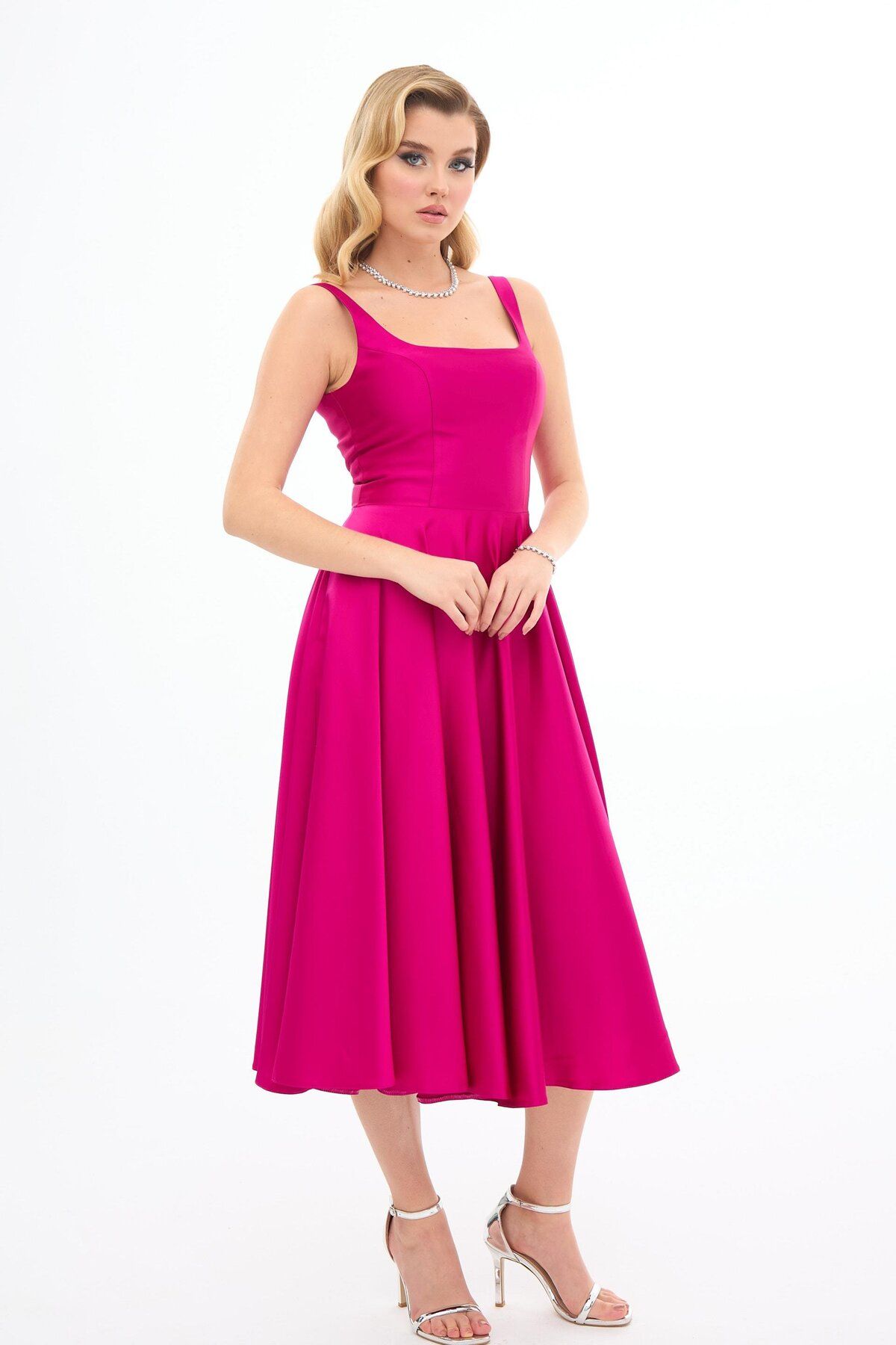 Carmen-Fuchsia Backless Midi Satin Evening Dress 3