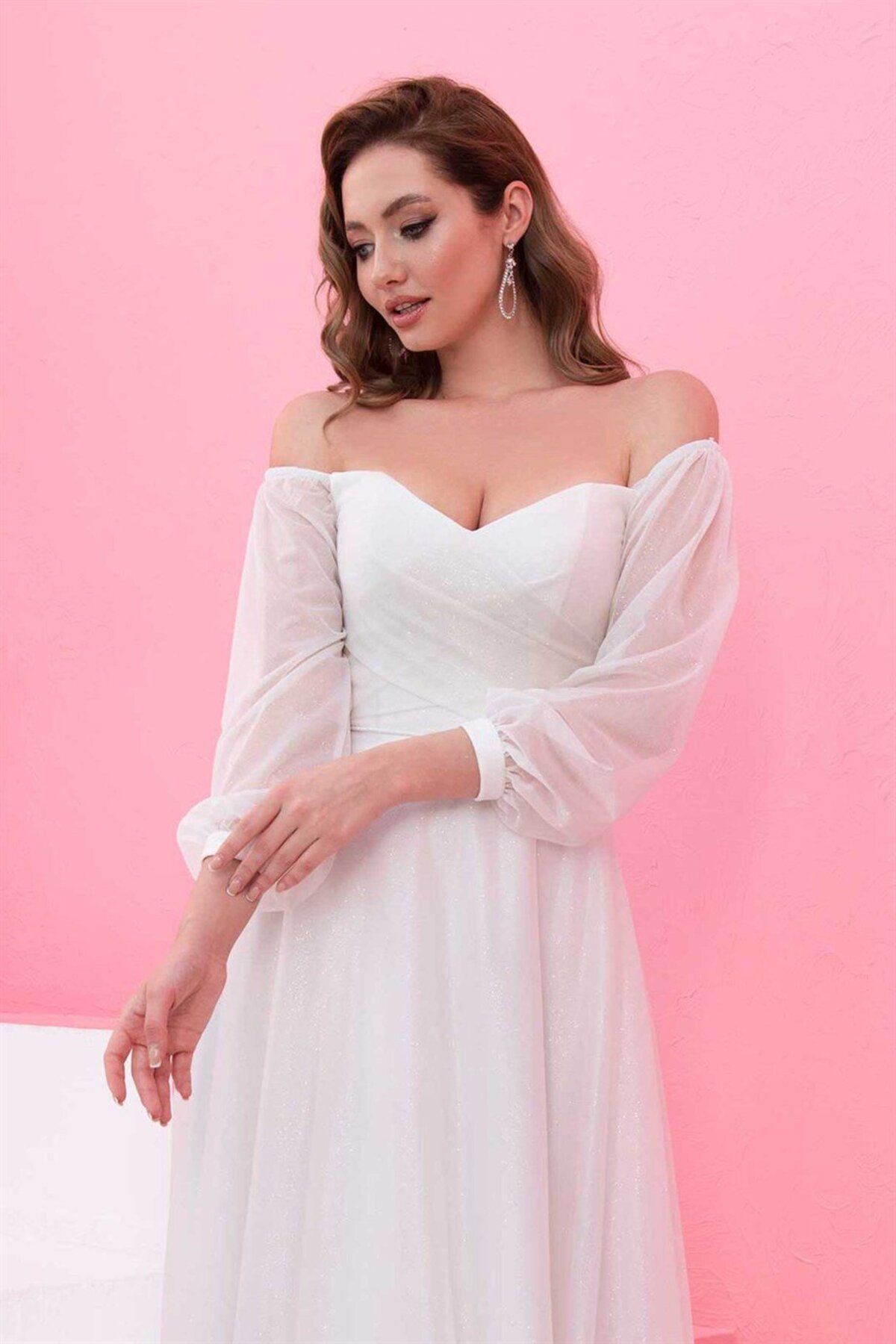 Carmen-Ecru třpytivé svatební šaty s dlouhým rukávem a šaty pro venkovní střelbu 4