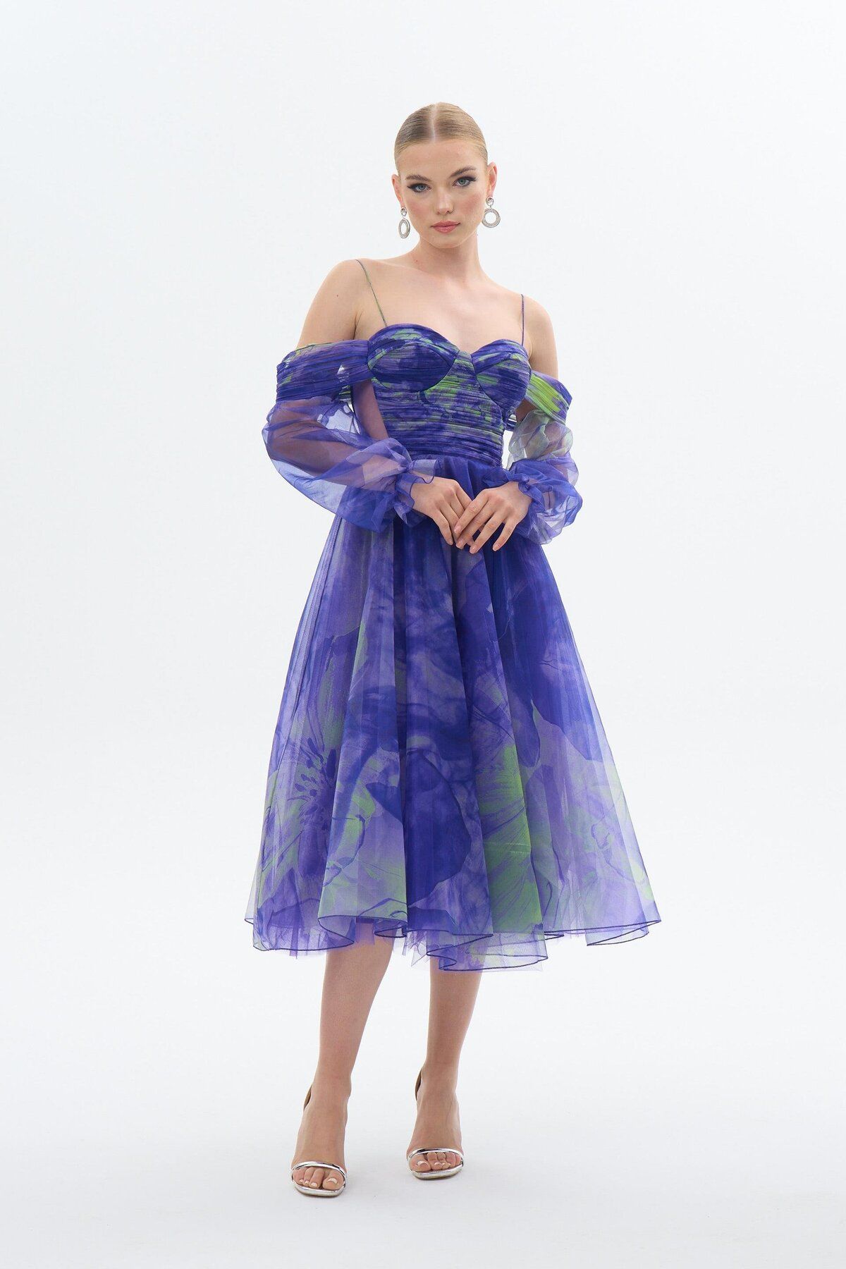 Carmen-Purple Organza Printed Strappy Evening Dress 4