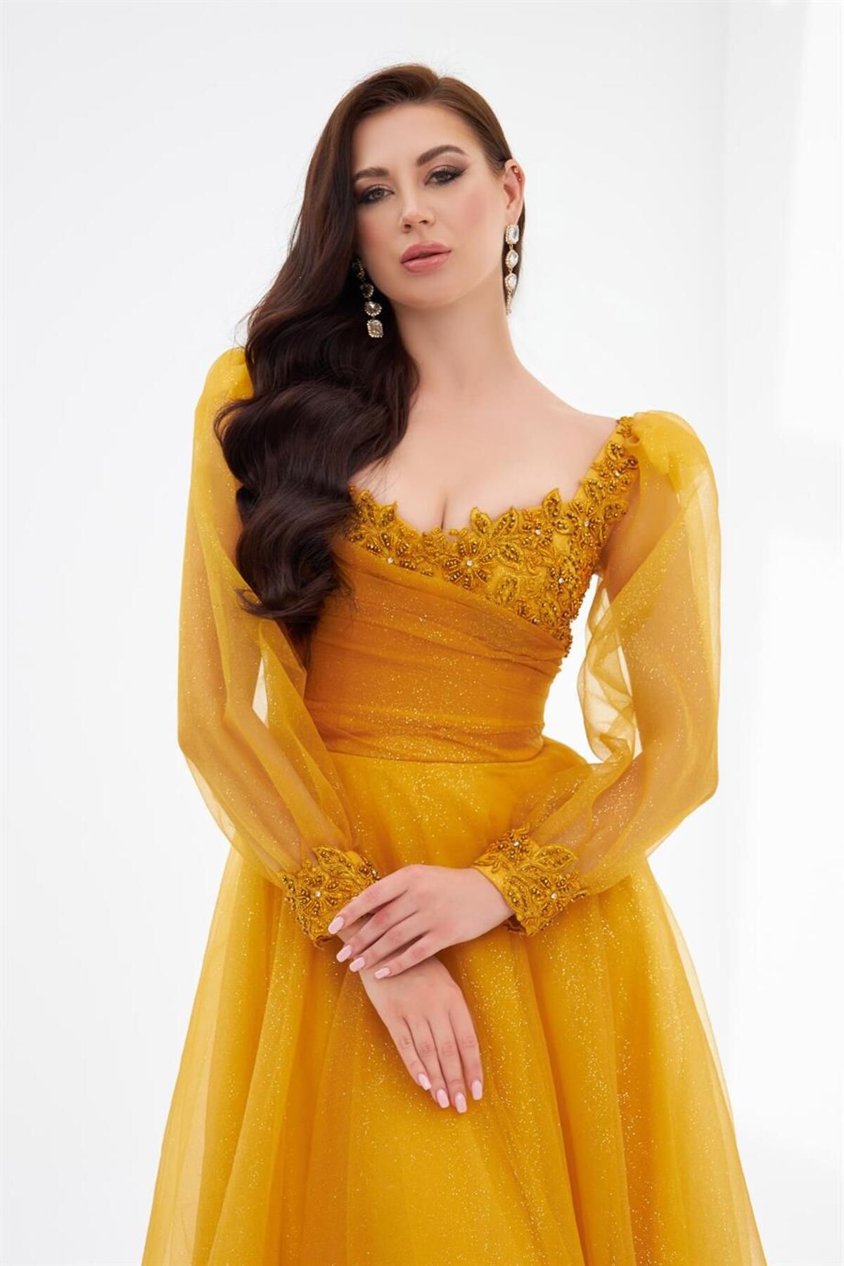 Carmen-Yellow Glitter Tulle Front Embroidered Long Sleeve Engagement Dress 2