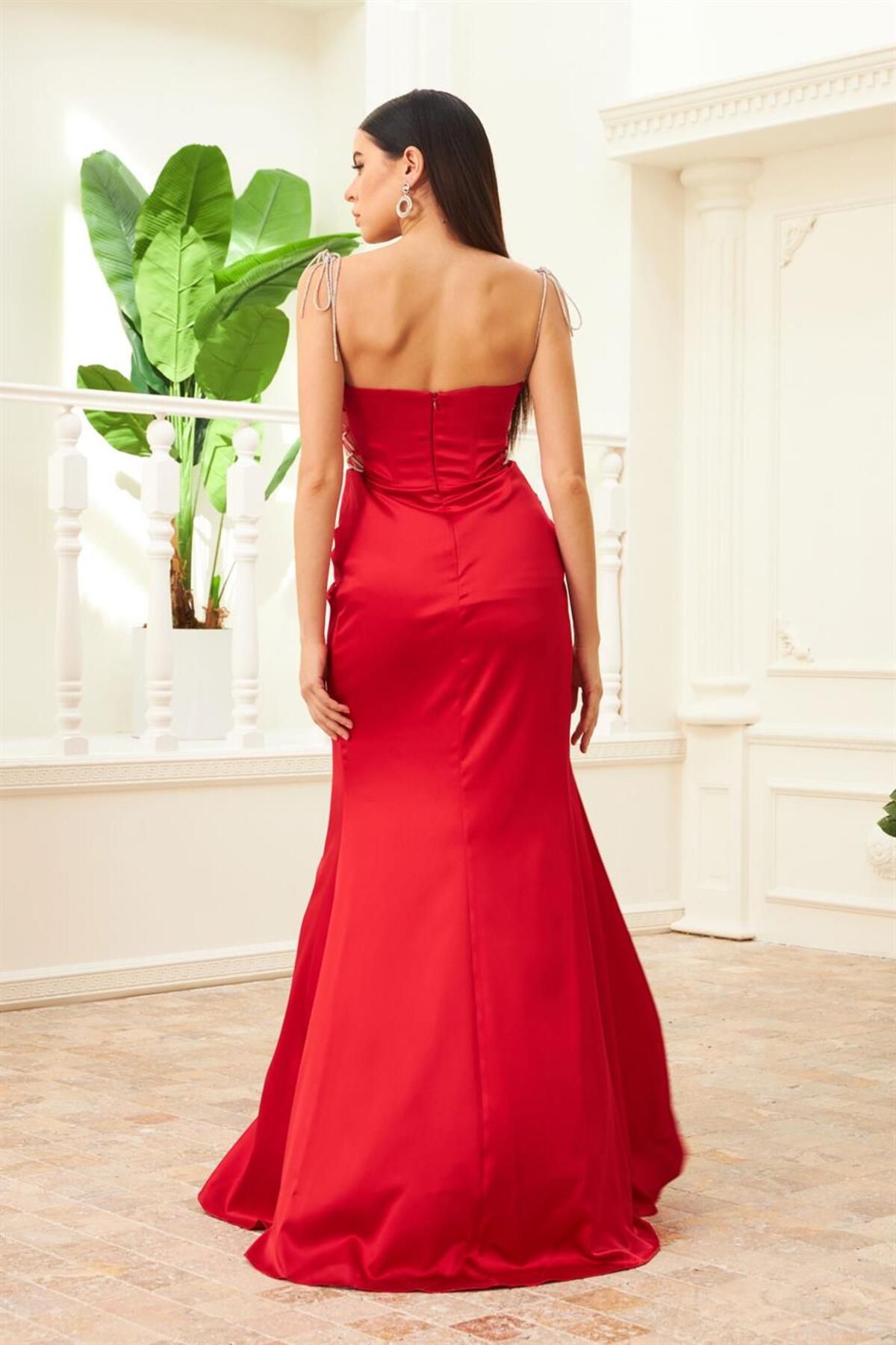 Carmen-Rotes, aus Satin gebundenes langes Abendkleid und Einladungskleid 6