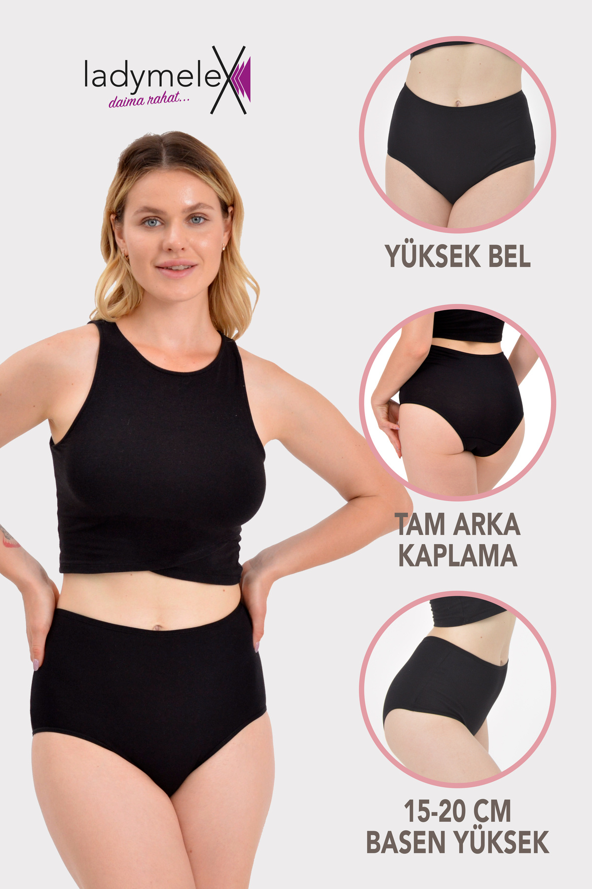 LadyMelex Kadın Külot, Yüksek Bel Külot (S-M-L-XL-2XL-3XL) Siyah Yüksek Bel, %100 Rahat Kumaş 5,Li, Paket görsel 2
