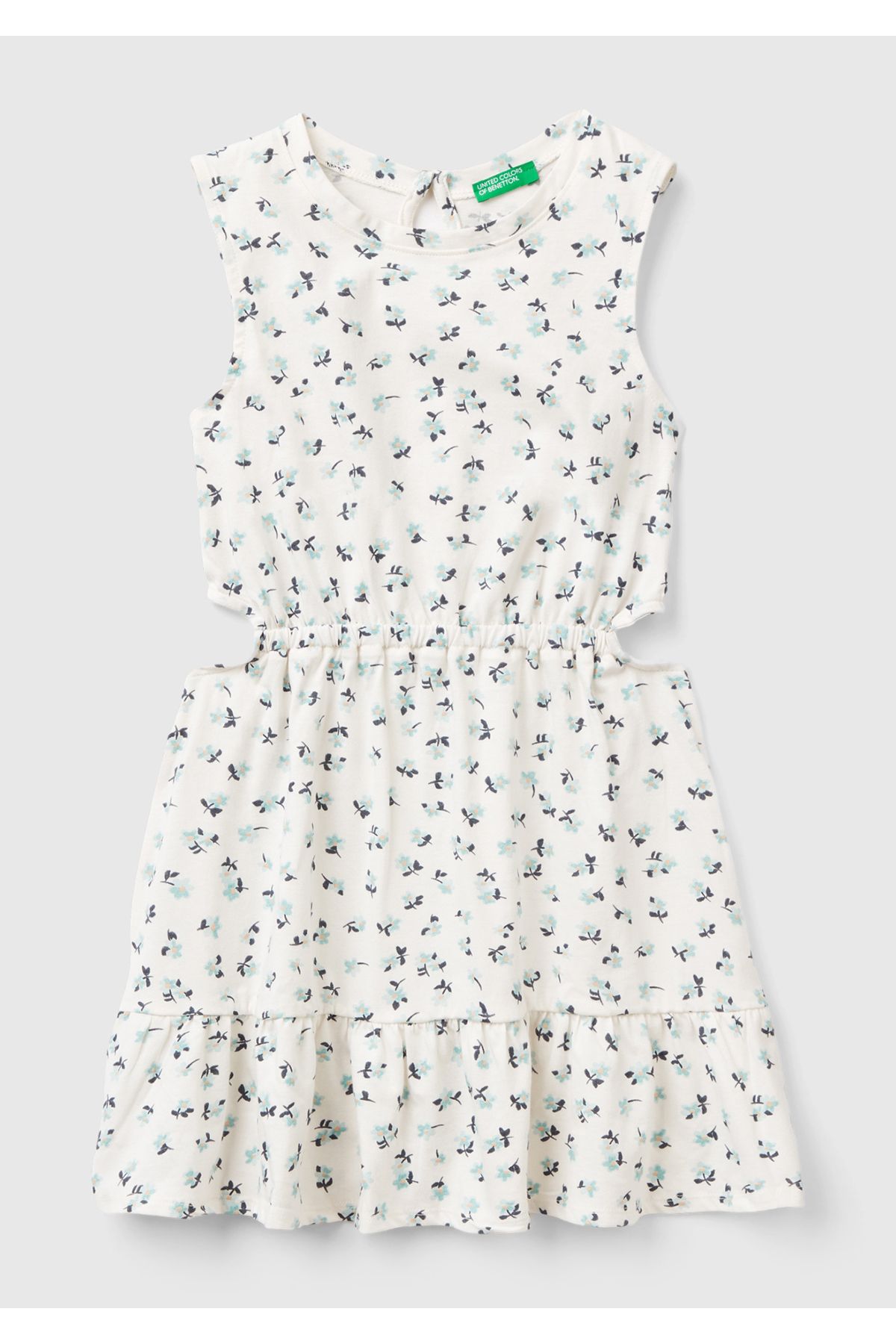 United Colors of Benetton-Girl's Blue-Cream All-Patterned Low-Cut Waist Zero Sleeve Dress 1