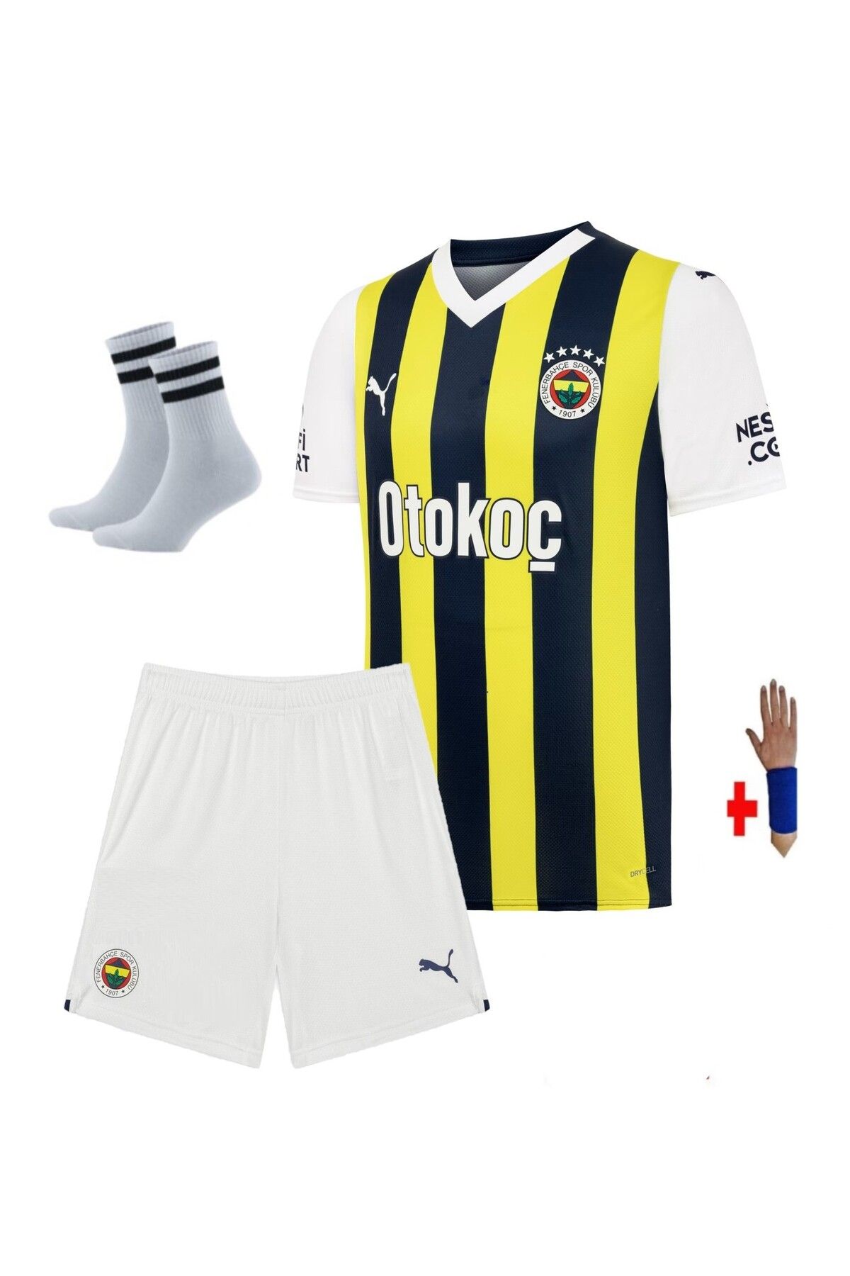 Fenerbahçe. Otokoç Sarı-lacivert 23/24 Sezon Beyaz Şort Çocuk Forma Takımı 4 Parça