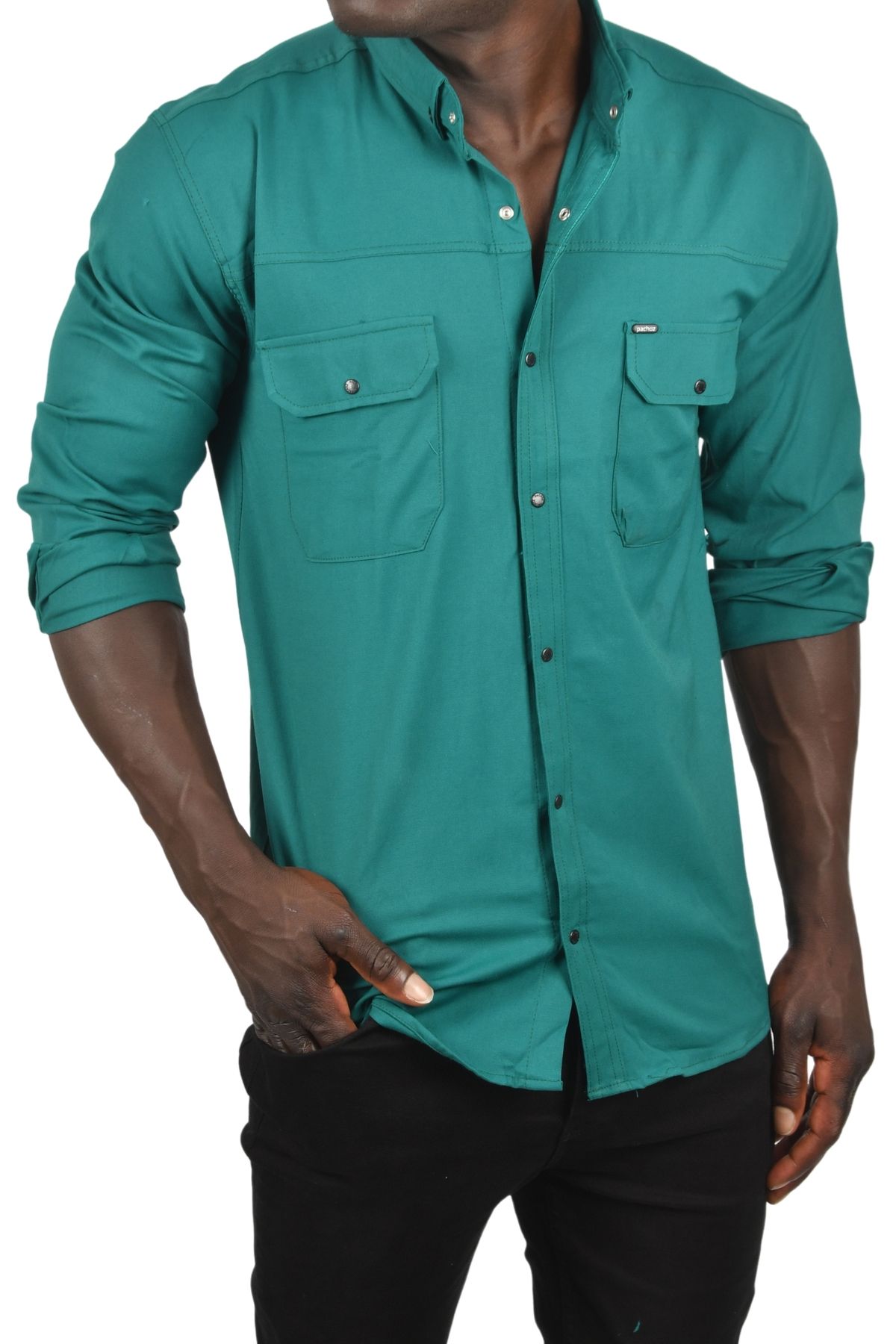 DeepSEA-Men's Green Lycra Snap Fastener Double Pocket Gabardine Shirt with Stitching Detail 2300419 4