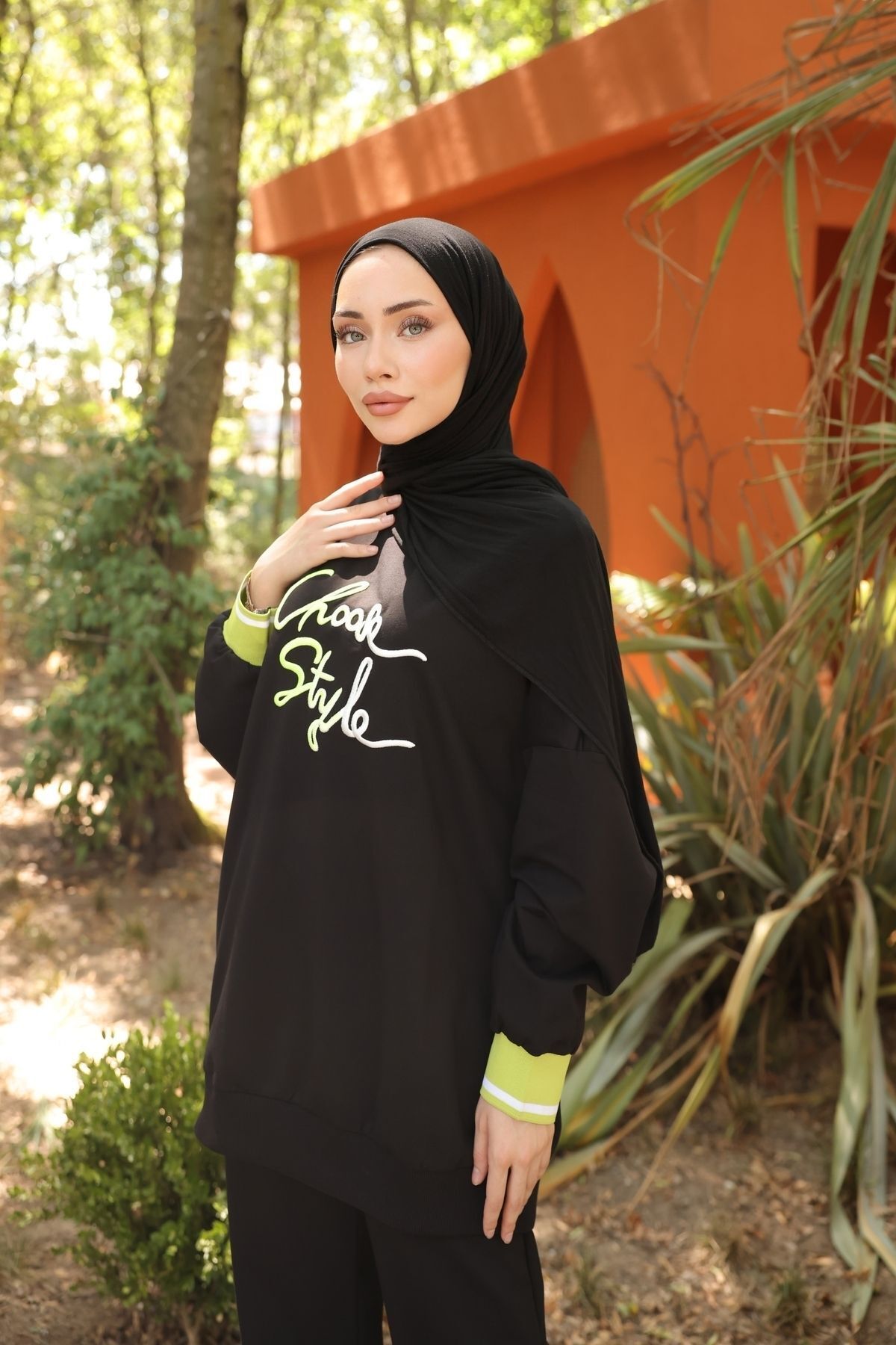 Ryzi Moda-Μαύρο Κεντημένο Oversize Γυναικείο Σετ Φούτερ - 2 Κλωστές Lycra 2