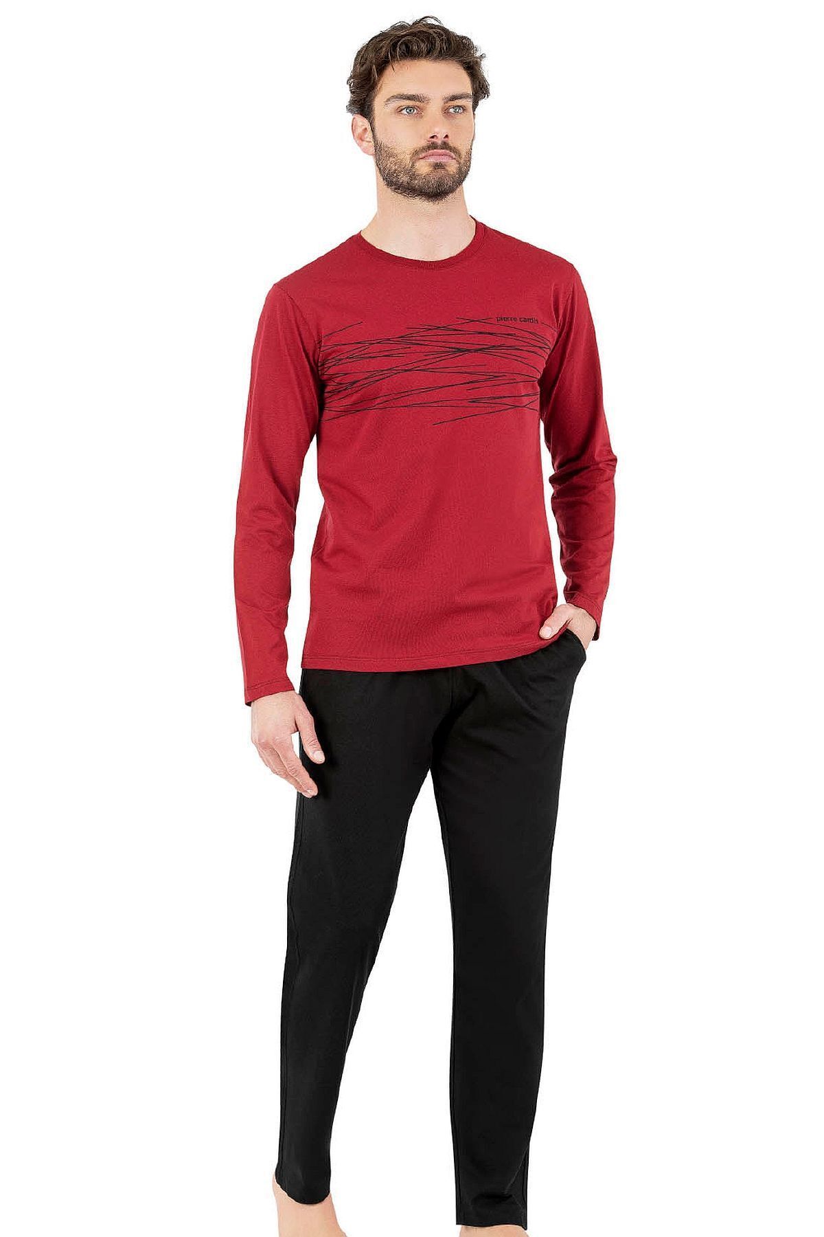 Pierre Cardin Pamuklu, Penye , Uzun Kollu, Bisiklet Yaka, Baskılı Erkek Pijama Takımı Bordo