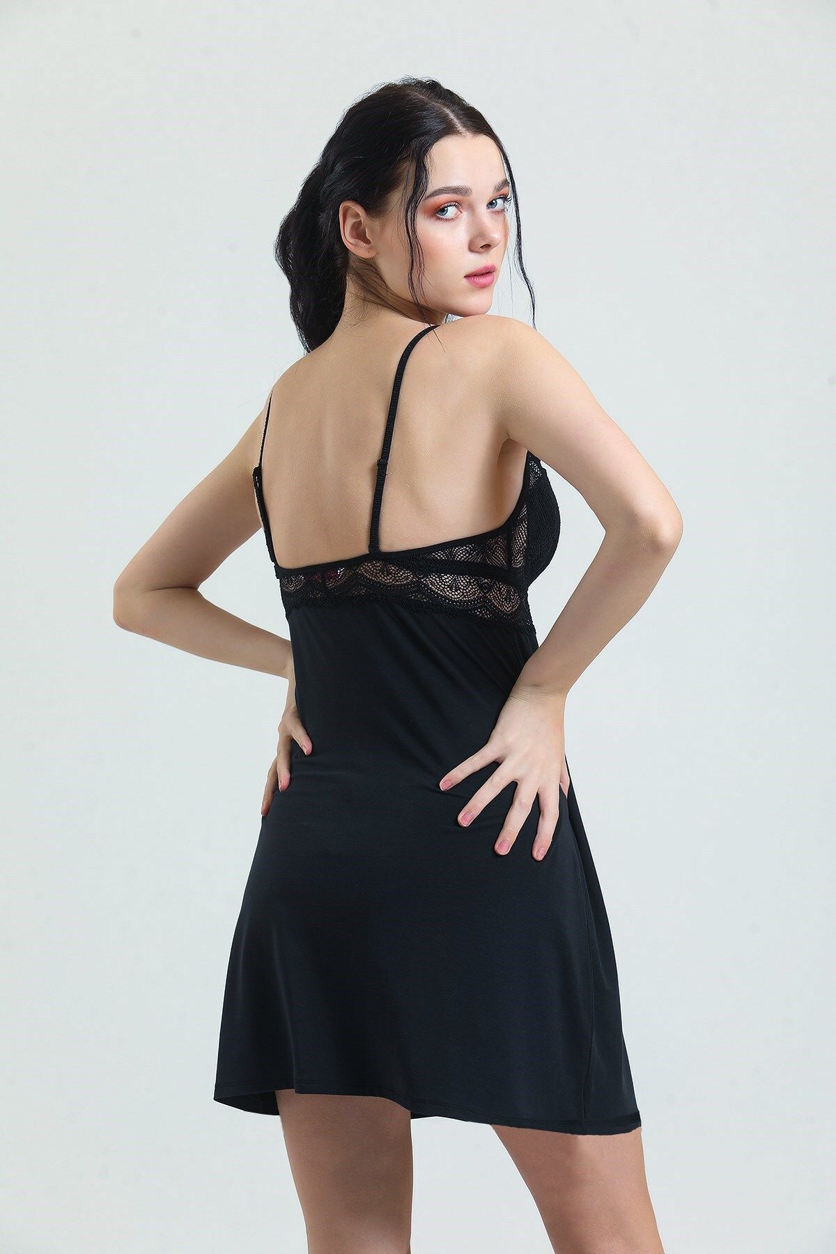 Magic Form-3778 Women's Lace Modal Rope Strap Nightgown-Black 3