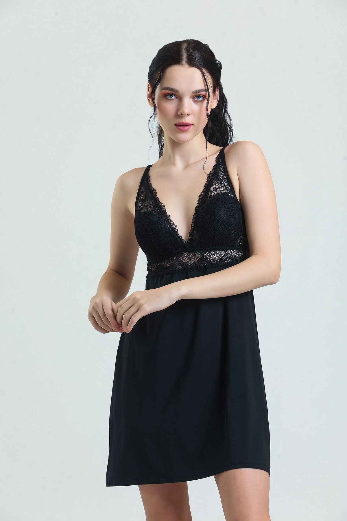 Magic Form-3778 Women's Lace Modal Rope Strap Nightgown-Black 1