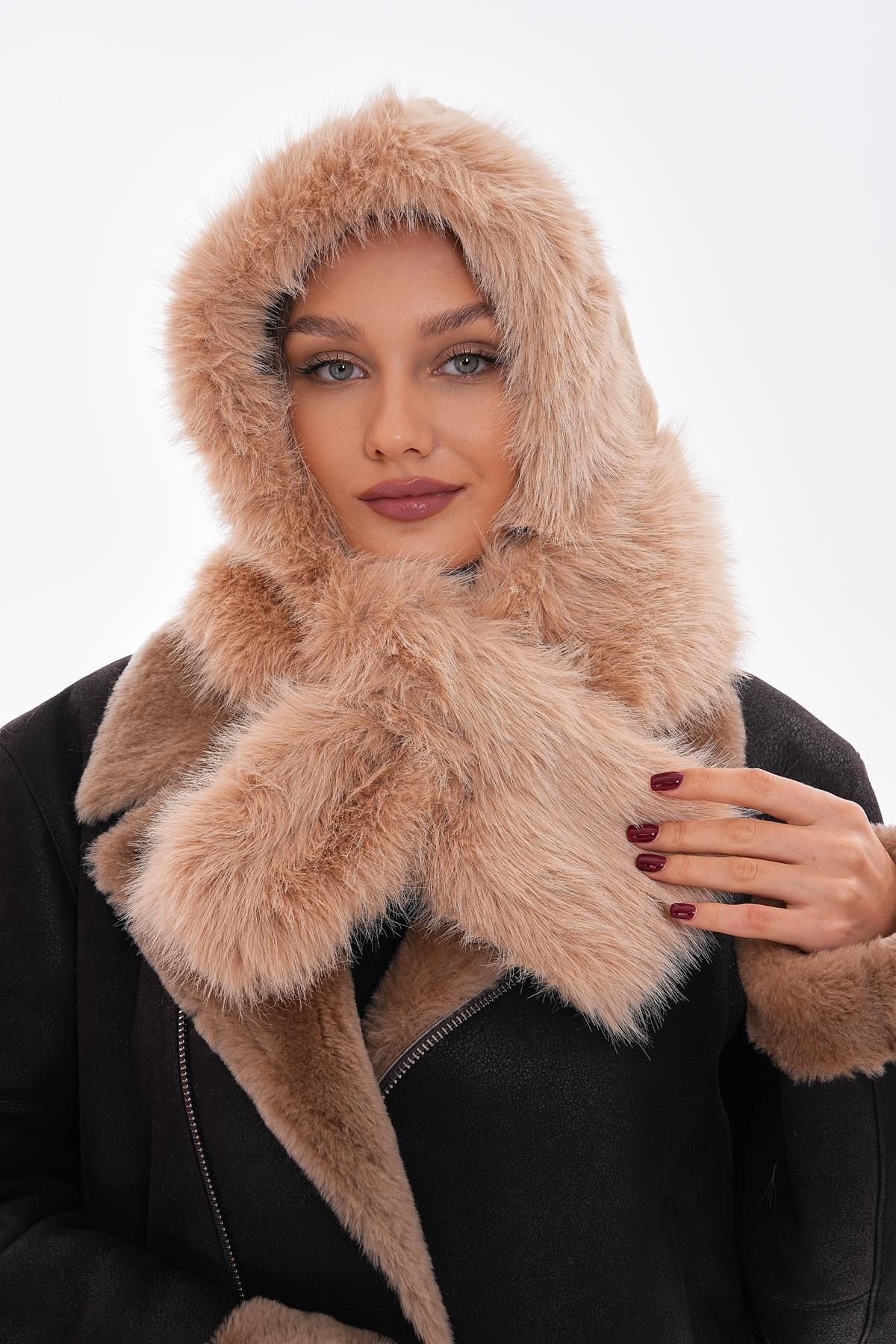 Luminos Butik-Camel Hat - Faux Plush, Fur, Neck Tie and Scarf 4689 1