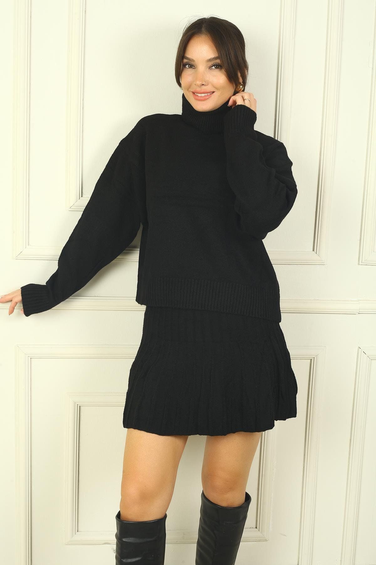 By Saygı-Women's High-Rise Long Sleeve Sweater Elastic Waist Short Skirt 2-Piece Knitwear Set 3