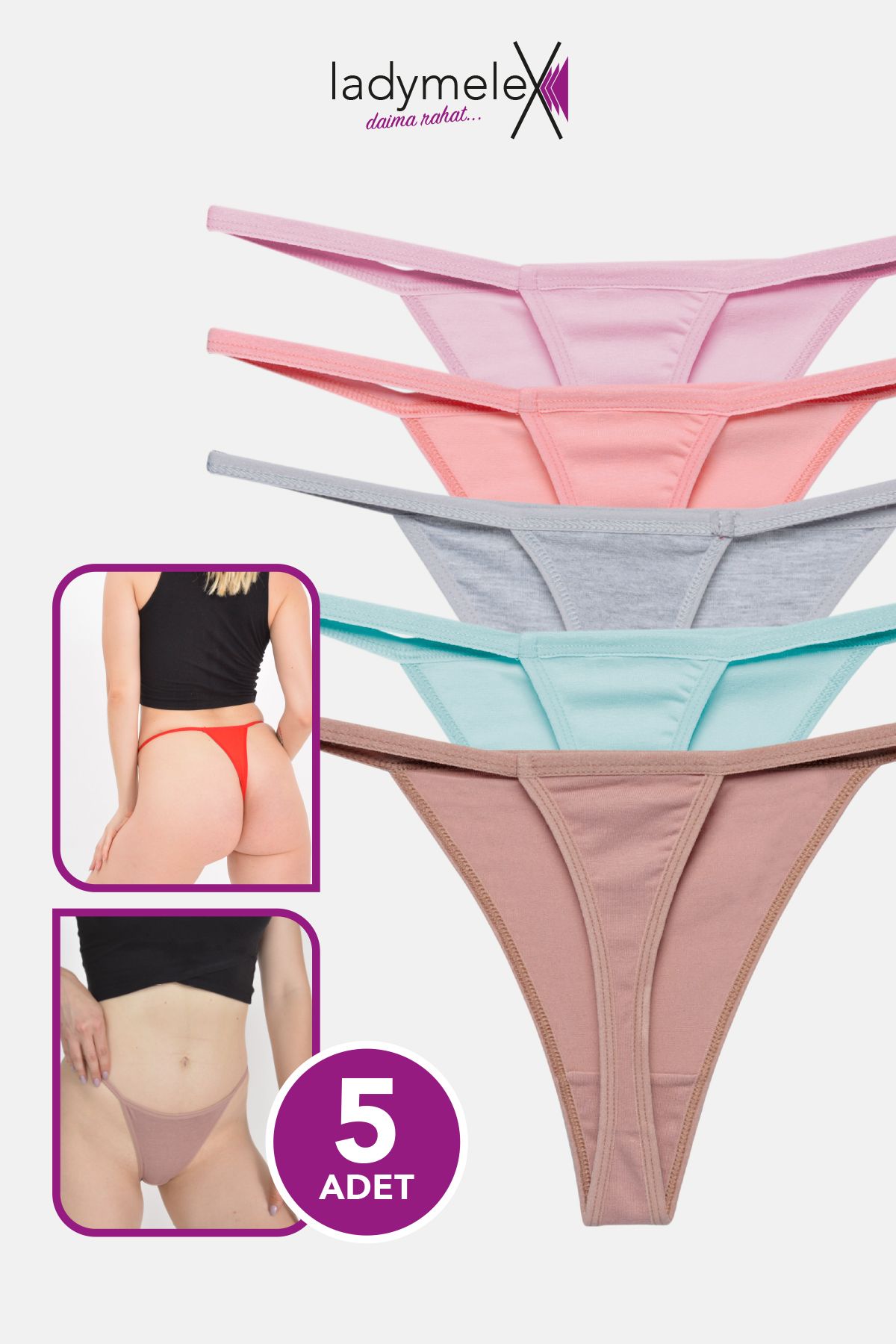 LadyMelex Kadın Tanga, Perfect Fall, G String Tanga (S-M-L-XL) 5 Adet Lila Somon Gri Mint Vizon, %100 Yumuşak