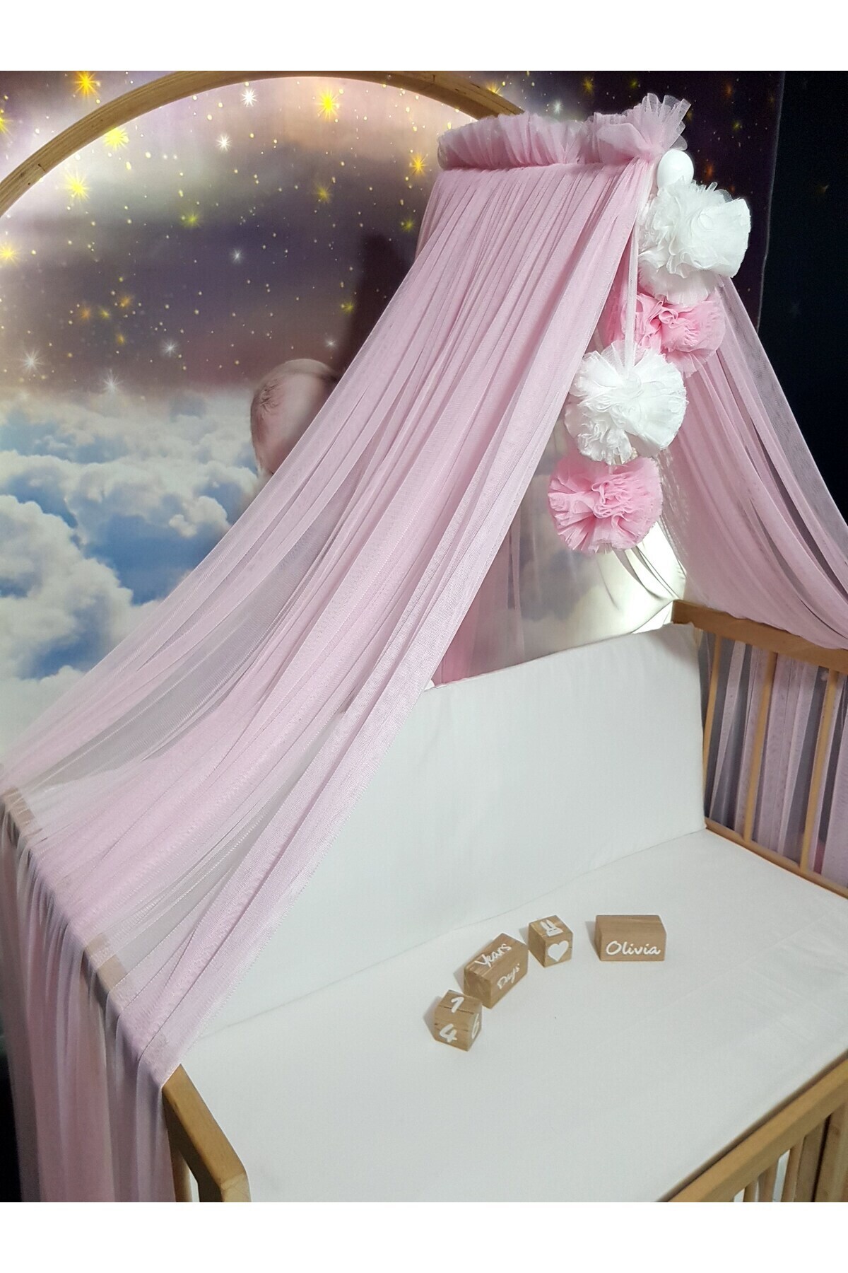 bebek_iklimi Bebek Lüks Cibinlik Takımı - Açık Pembe Ve Beyaz Dört Ponponlu - 6 Metre Likra Tül (APARAT DAHİL) fotoğrafı 6 (önizleme)