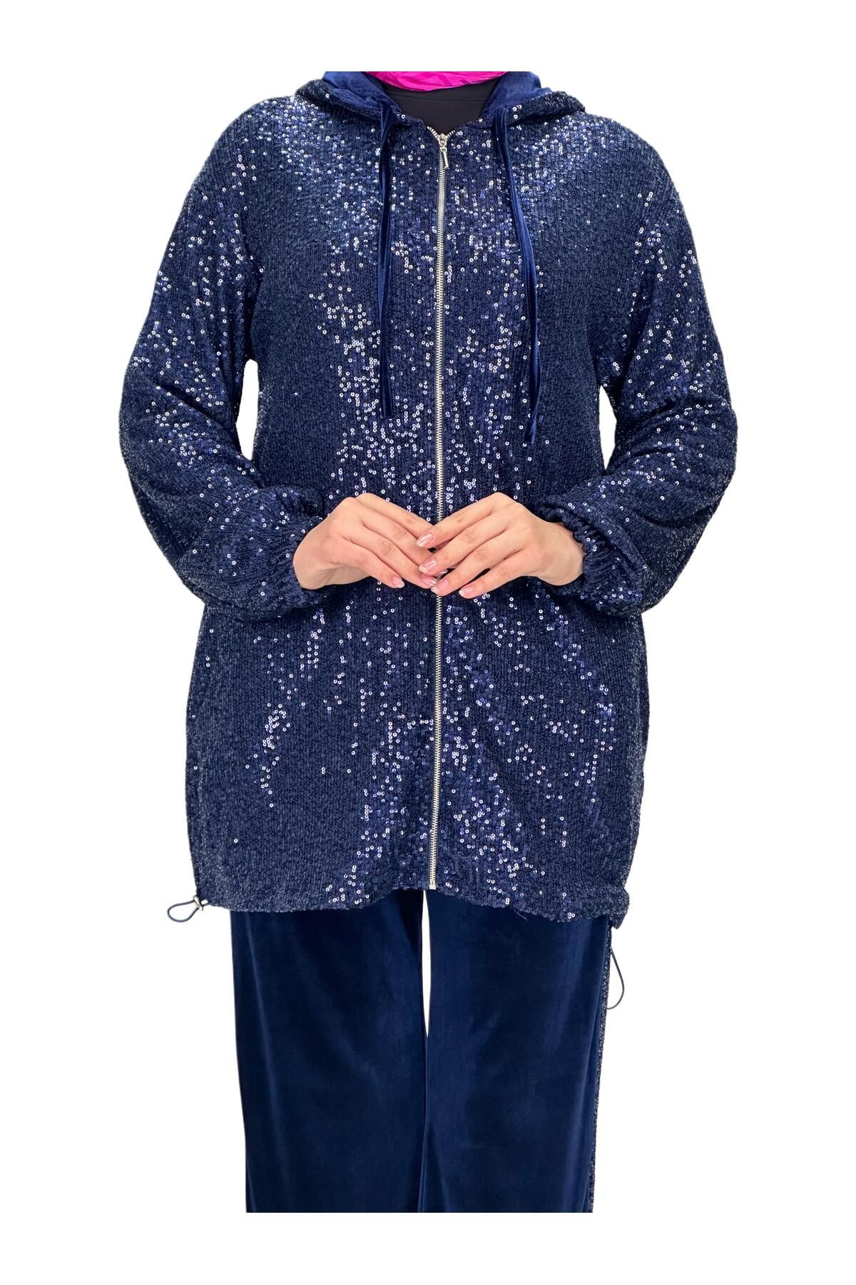 ottoman wear-Navy Blue Sequined Velvet Set - Otw8440 5