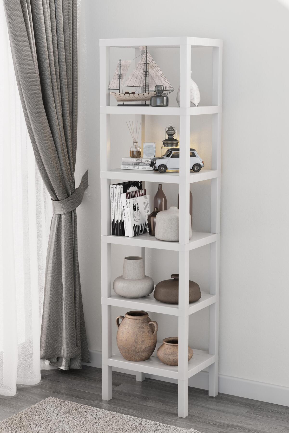 Bayev Shelf 6 Katlı Beyaz Kitaplık Plastik Raf Ünitesi Ombeg Çiçeklik Banyo Havluluk Mutfak Rafı