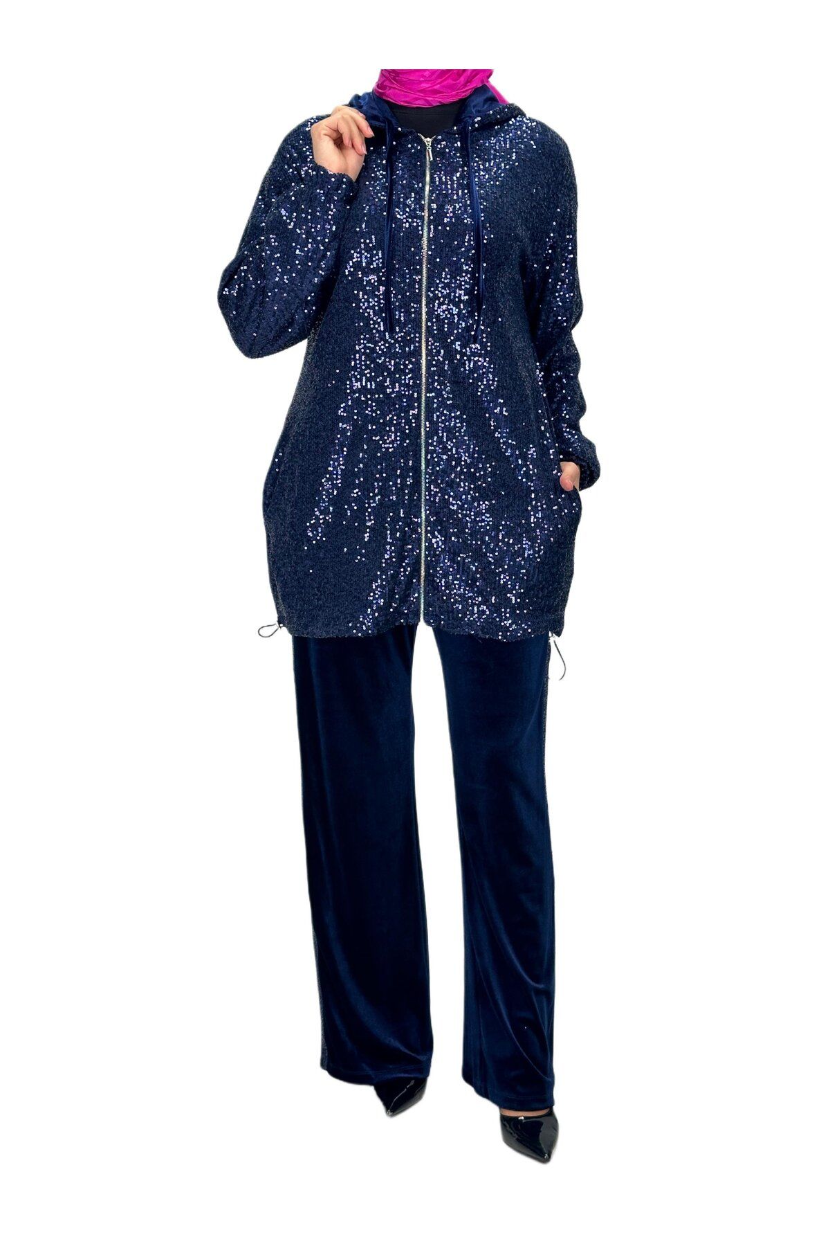 ottoman wear-Navy Blue Sequined Velvet Set - Otw8440 1