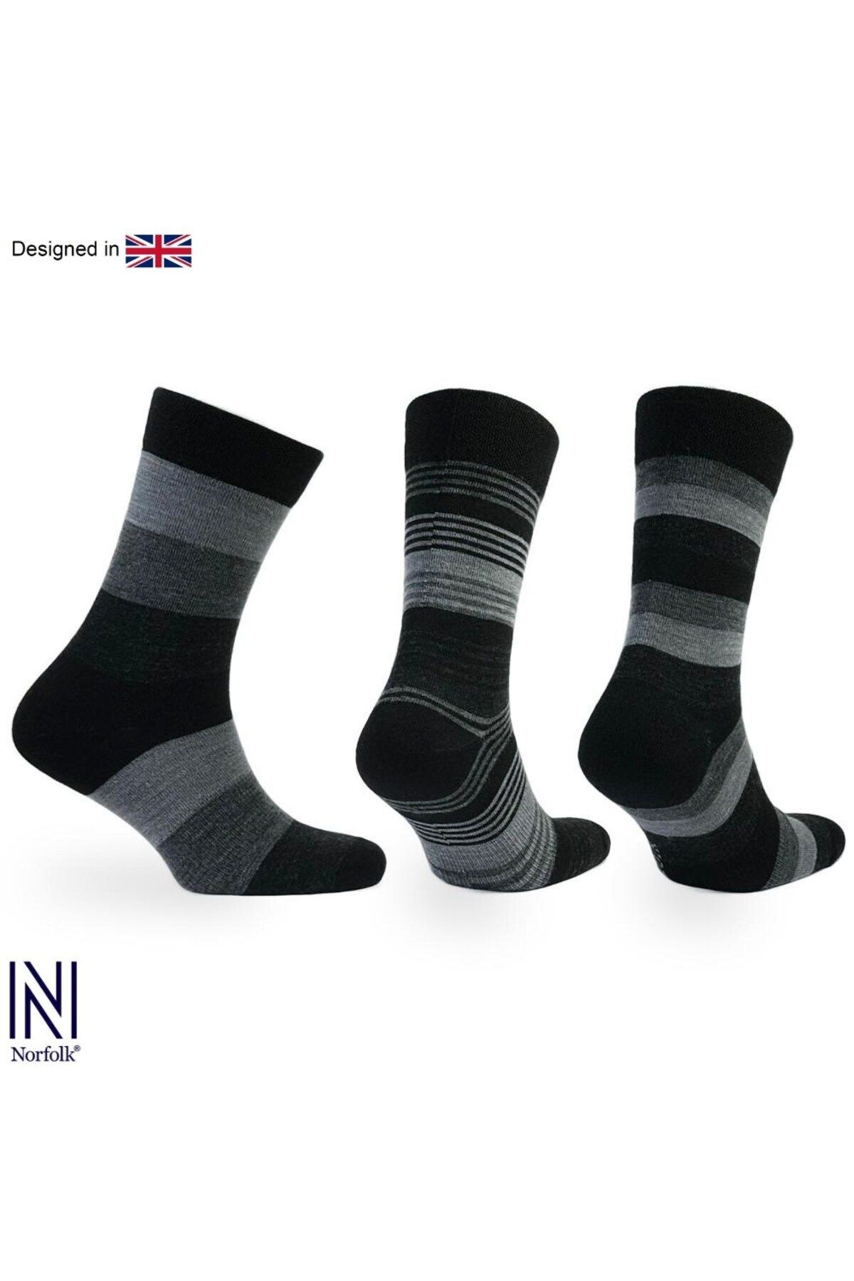 NORFOLK-Stockholm Merino Premium Gray Striped Wool Thin Knit Casual Socks - Pack of 3 1