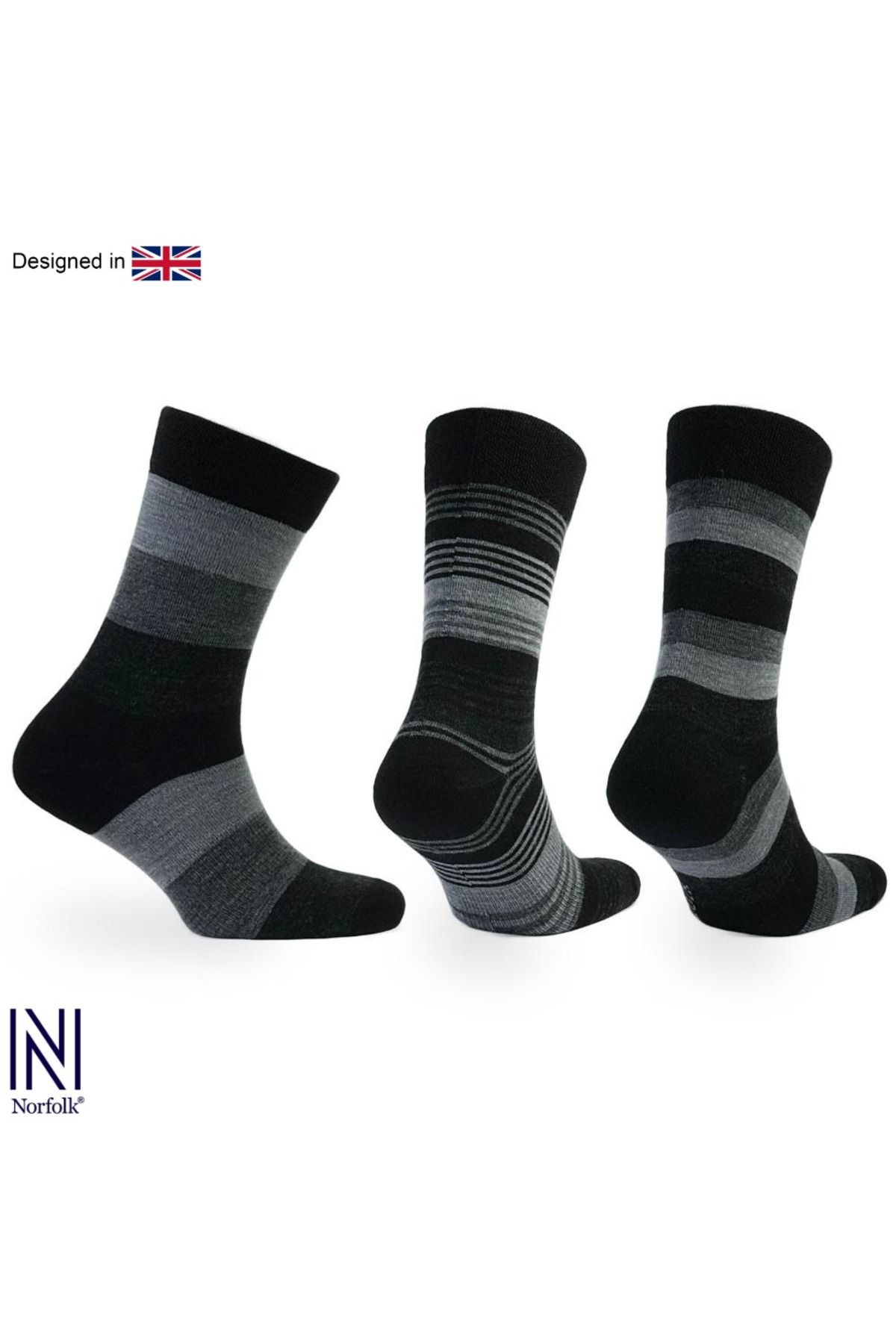 NORFOLK-Stockholm Merino Premium Gray Striped Wool Thin Knit Casual Socks - Pack of 3 2