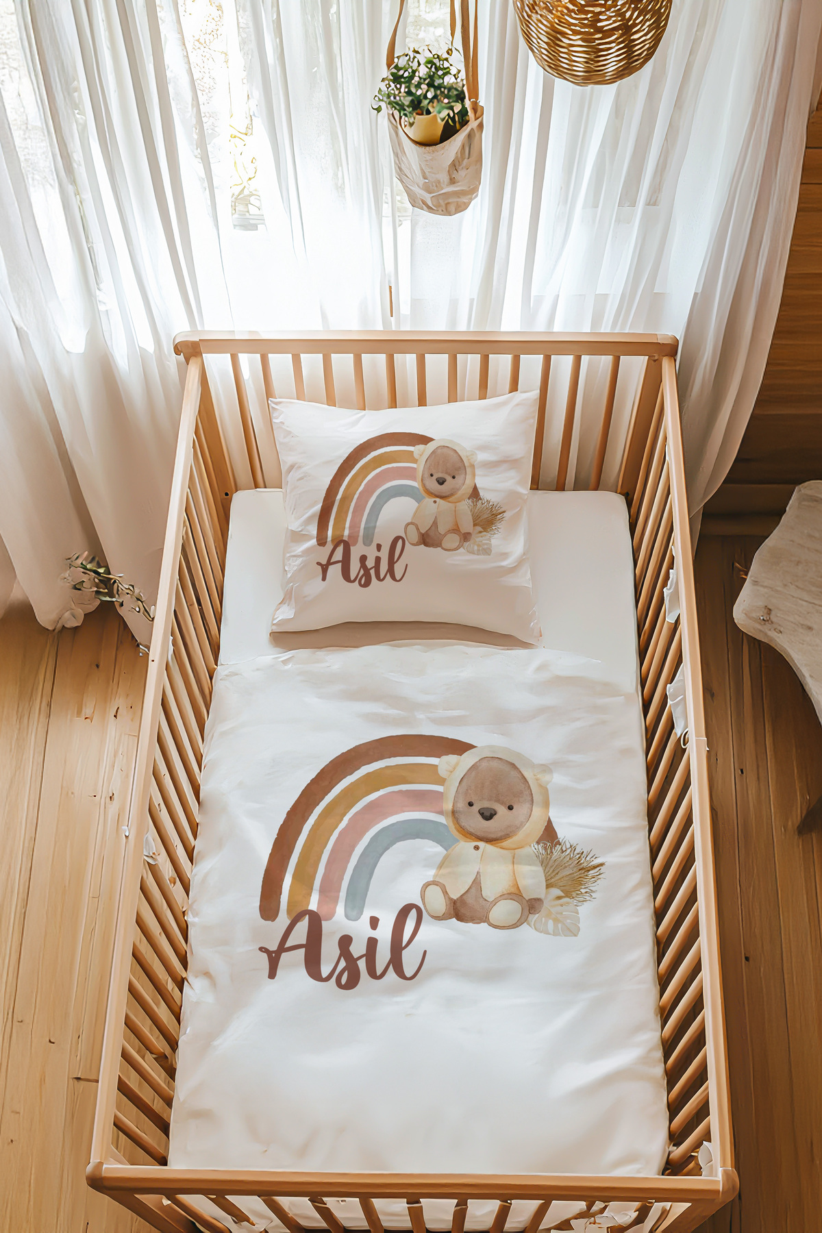 100% Cotton Satin Custom Name Park Bed Duvet Cover Set (70X120 CM) Teddy Bear with Pajamas