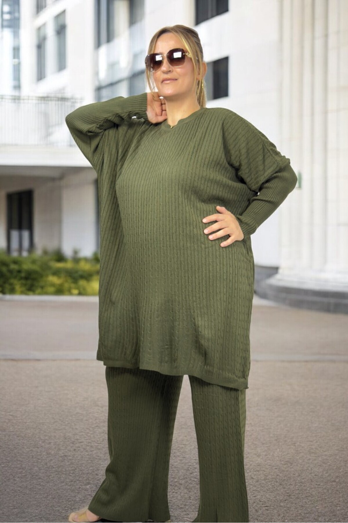 KNIT HAIR PATTERN LOW SLEEVE TUNIC ELASTIC WAIST PANTS EXTRA LARGE SIZE AUTUMN WINTER KNITWEAR SET