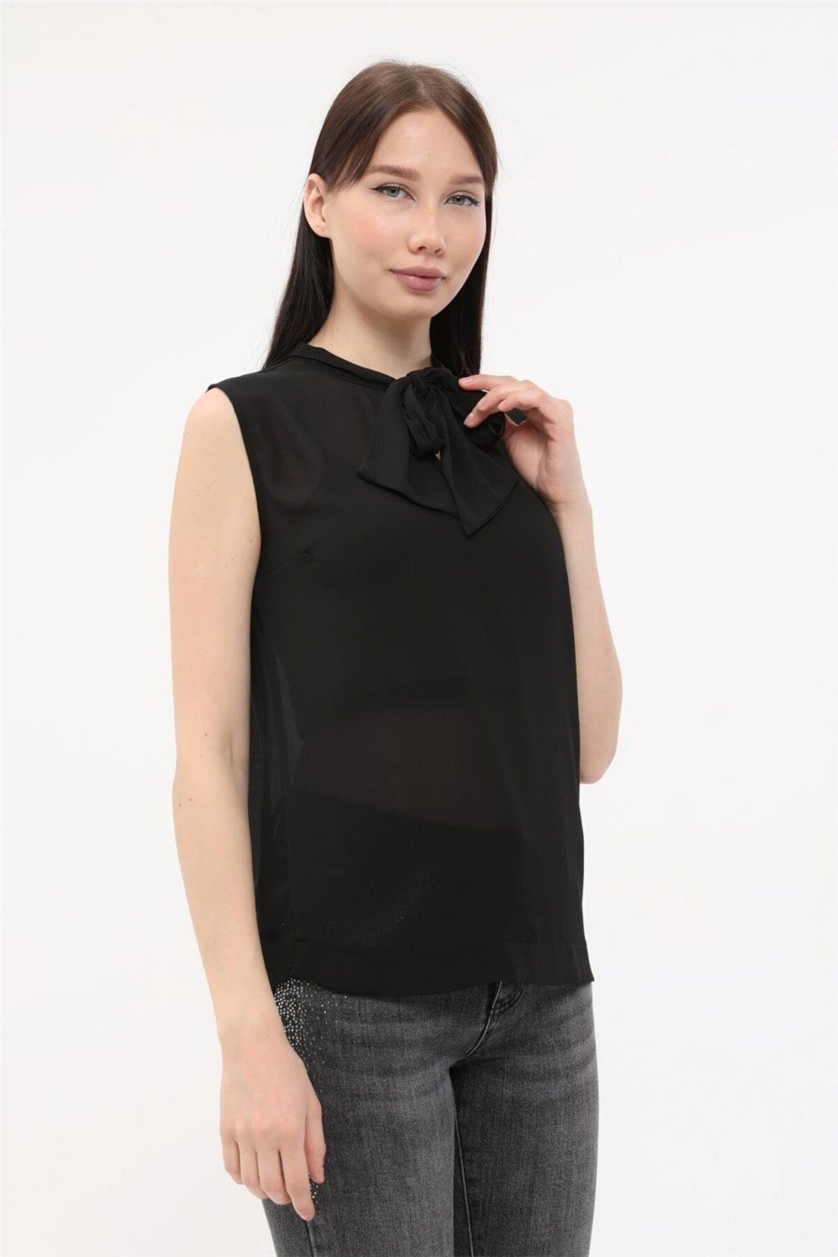 HomeStore-Bluse mit Schleife, Schnürung, Stehkragen, ärmellos – Schwarz 2