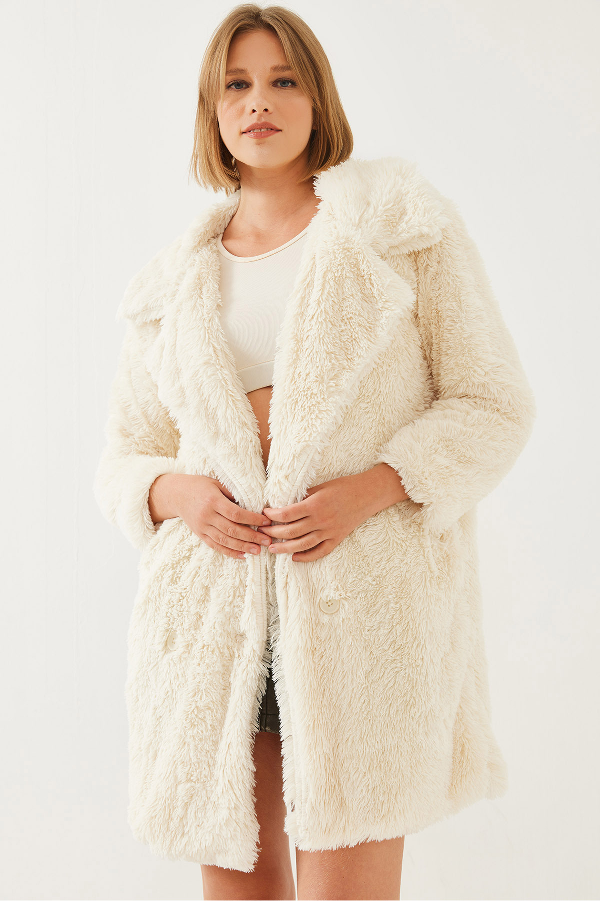 Bianco Lucci  Kadın Düğme Detaylı Peluş Kaban 2480 60351114 - Görsel 2