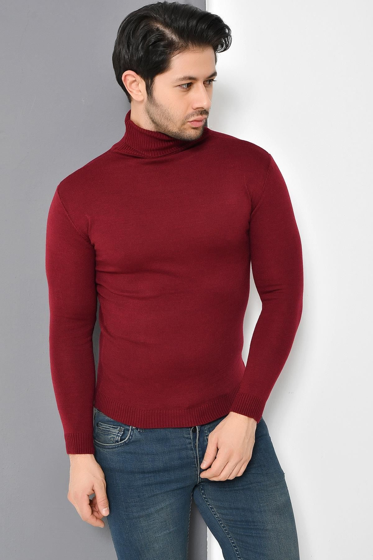 TENA MODA-Men's Burgundy Full Turtleneck Basic Knitwear Sweater 2