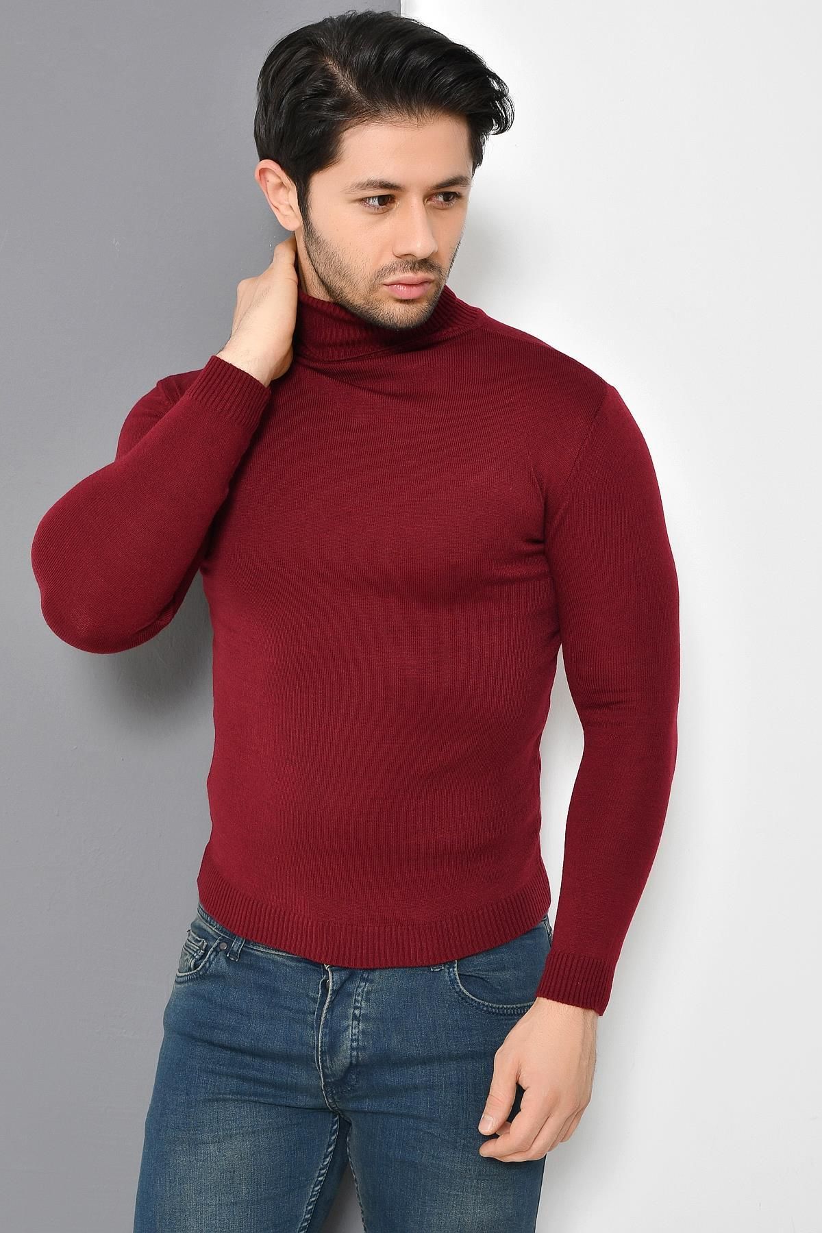 TENA MODA-Men's Burgundy Full Turtleneck Basic Knitwear Sweater 3