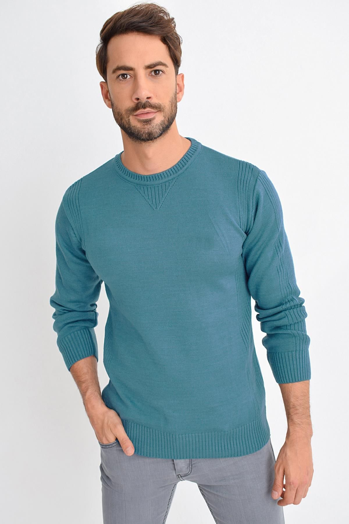 TENA MODA-Men's Petrol Crew Neck Basic Knitwear Sweater 2