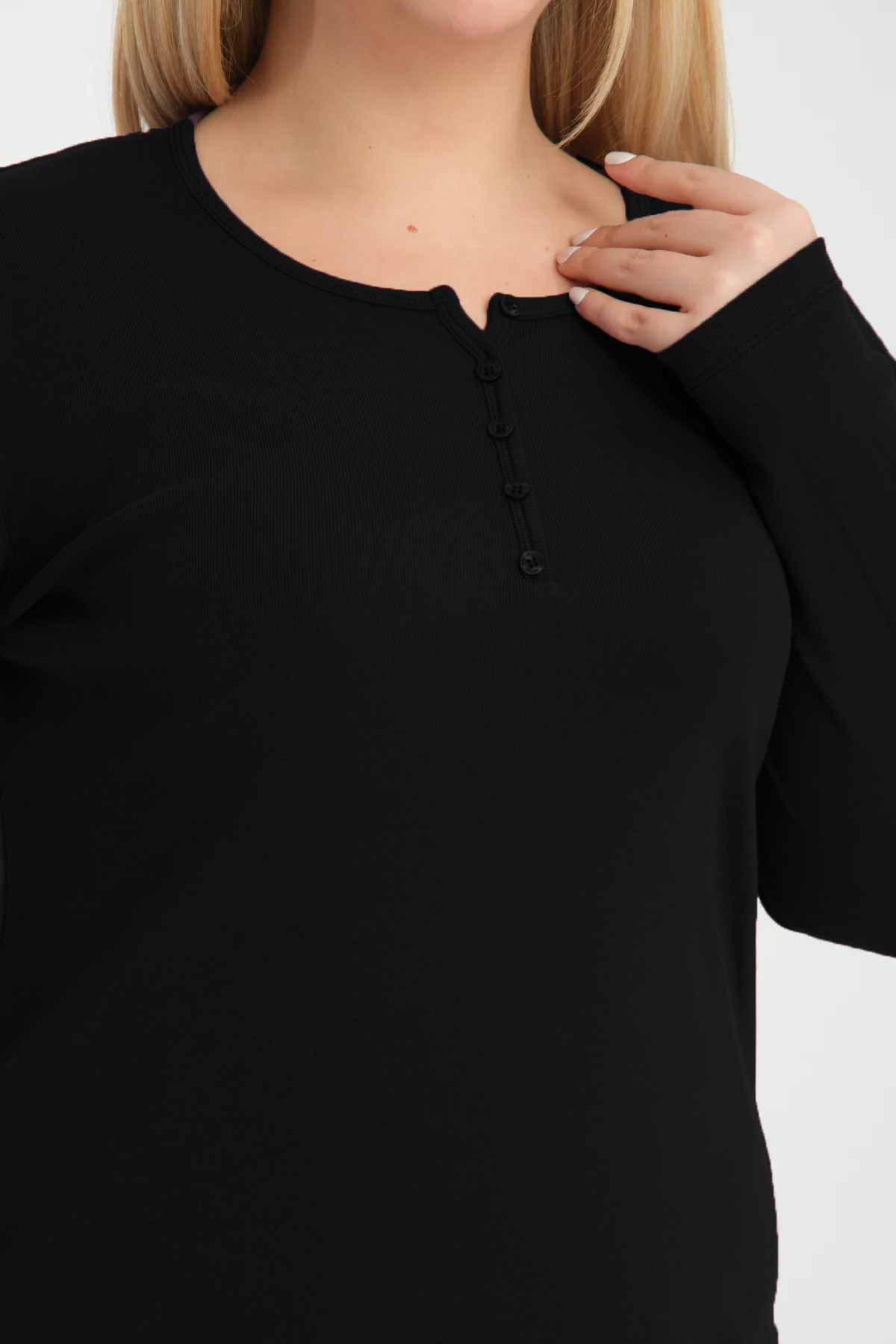 BANEGA-Curve Plus Size Βαμβακερή Lycra με λαιμόκοψη με λεπτομέρεια Basic μασίφ μαύρη μπλούζα 6