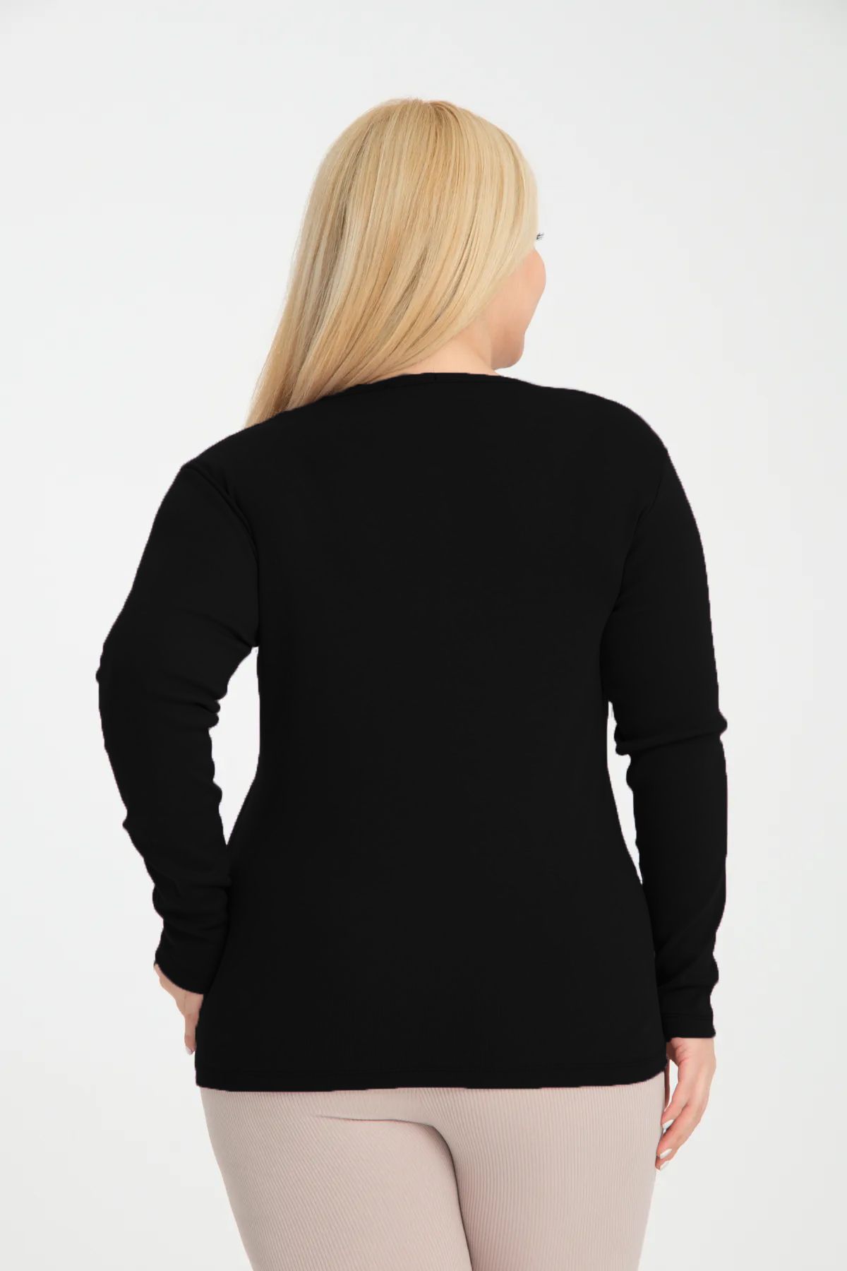 BANEGA-Curve Plus Size Βαμβακερή Lycra με λαιμόκοψη με λεπτομέρεια Basic μασίφ μαύρη μπλούζα 5