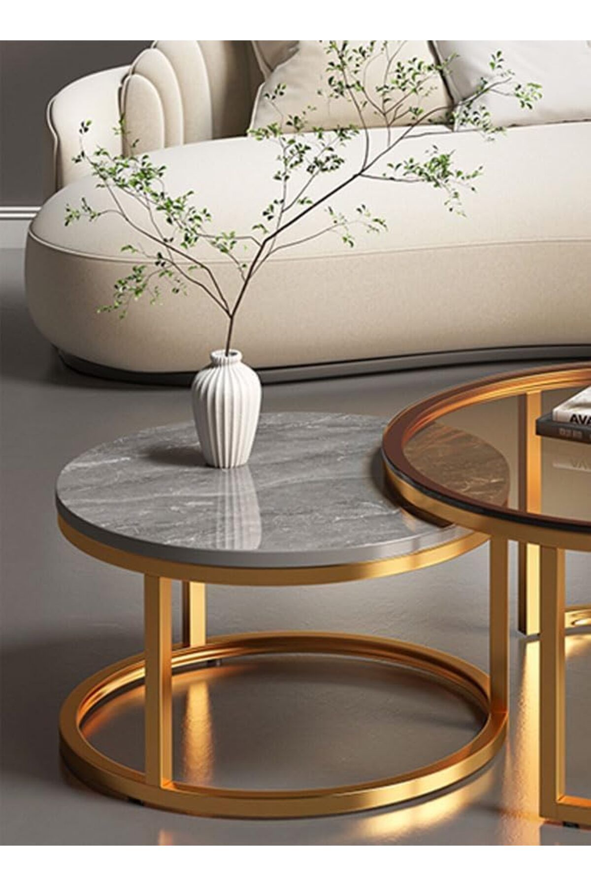 Generic-Set Of 2 Modern Round Nesting Coffee And Snack End Table With Metal Frame 4