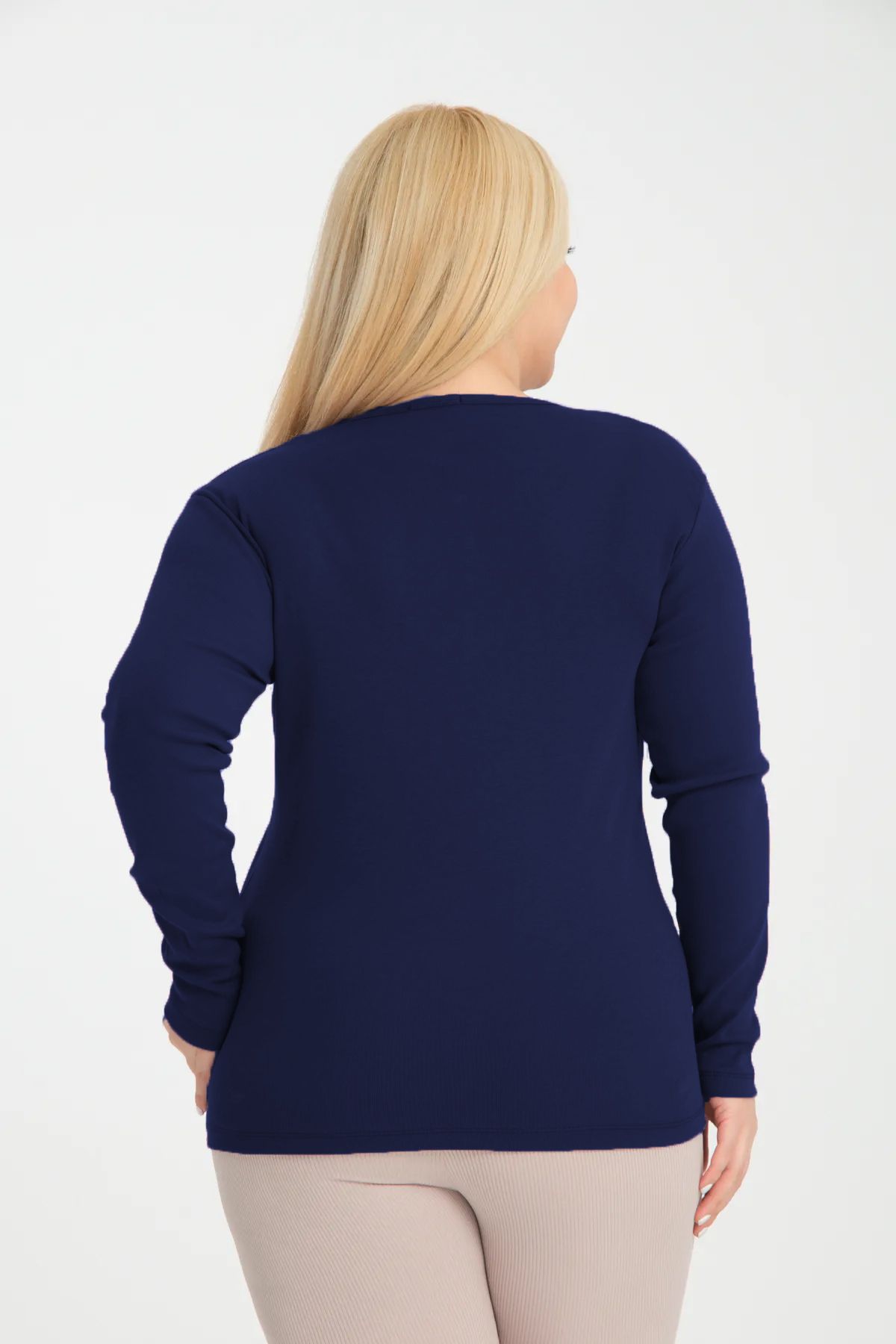 BANEGA-Curve Plus Size Cotton Lycra Crew Neck Button Detailed Basic Plain Navy Blue Blouse 5