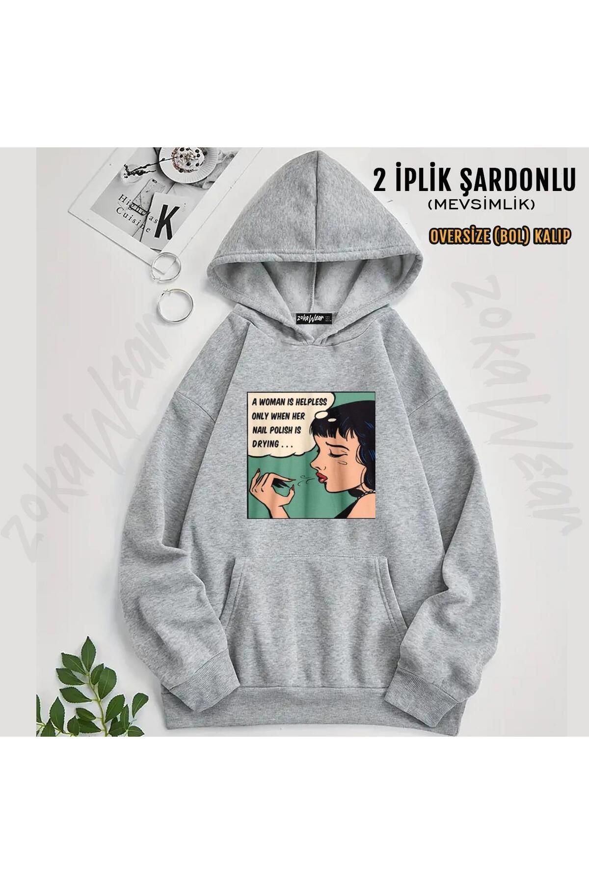 ZOKAWEAR Oje Süren Kadın Tasarım Baskılı Kapüşonlu Oversize Sweatshirt (2 İplik)