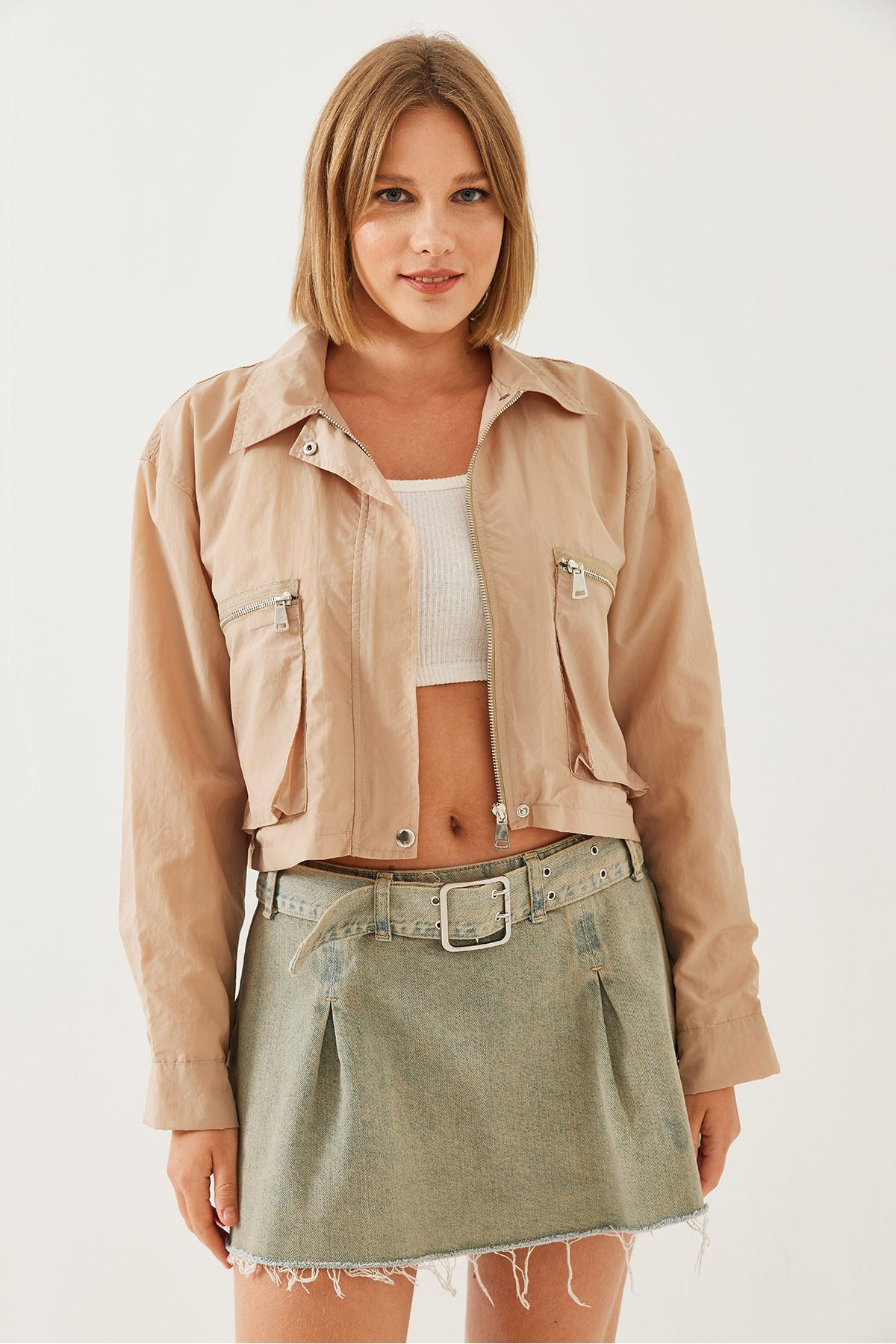Bianco Lucci-Women's Bellows Pocket Parachute Fabric Crop Jacket 2403 60351152 5