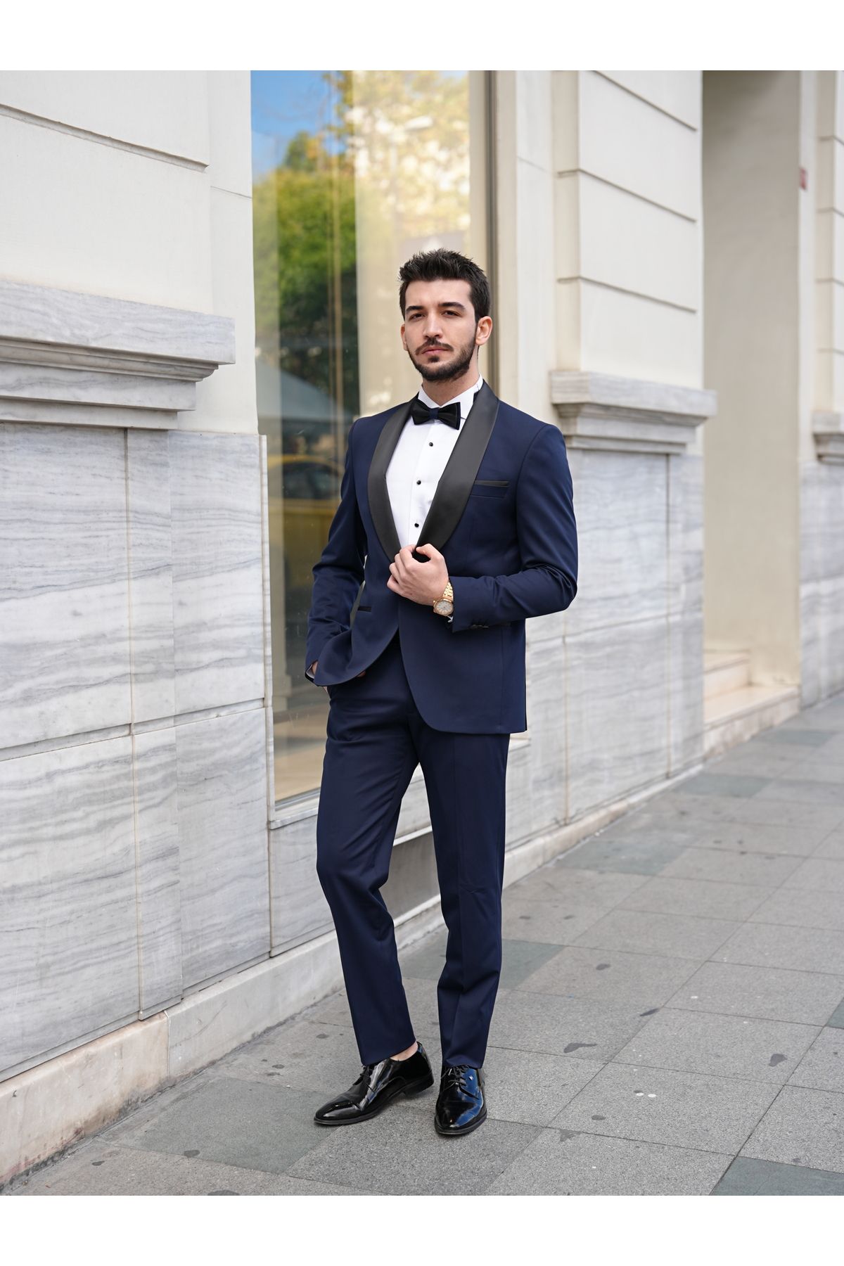 LONATOLİA Erkek Luxury Smokin Damatlık Şal Yaka İtalyan Stil Ceket Pantolon Papyon - Lacivert