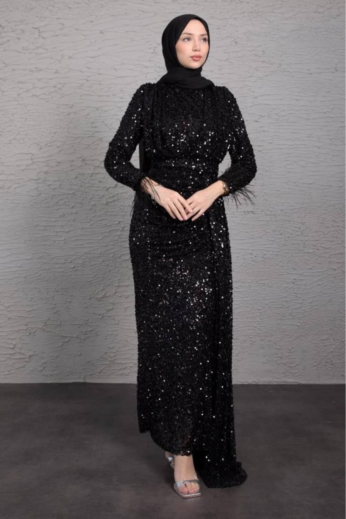 Lamia Giyim-Black Hijab Evening Dress - Sparkle Sequined and Piece Detailed 2