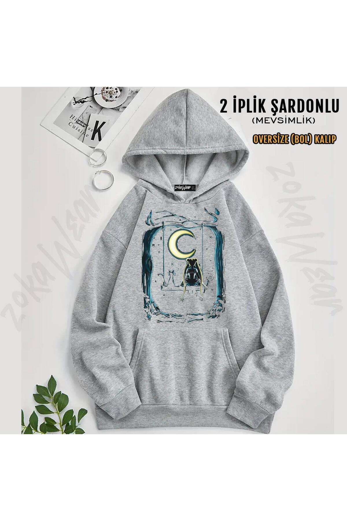 ZOKAWEAR  Sailor Moon 3 Baskılı Kapüşonlu Oversize Sweatshirt (2 İplik)