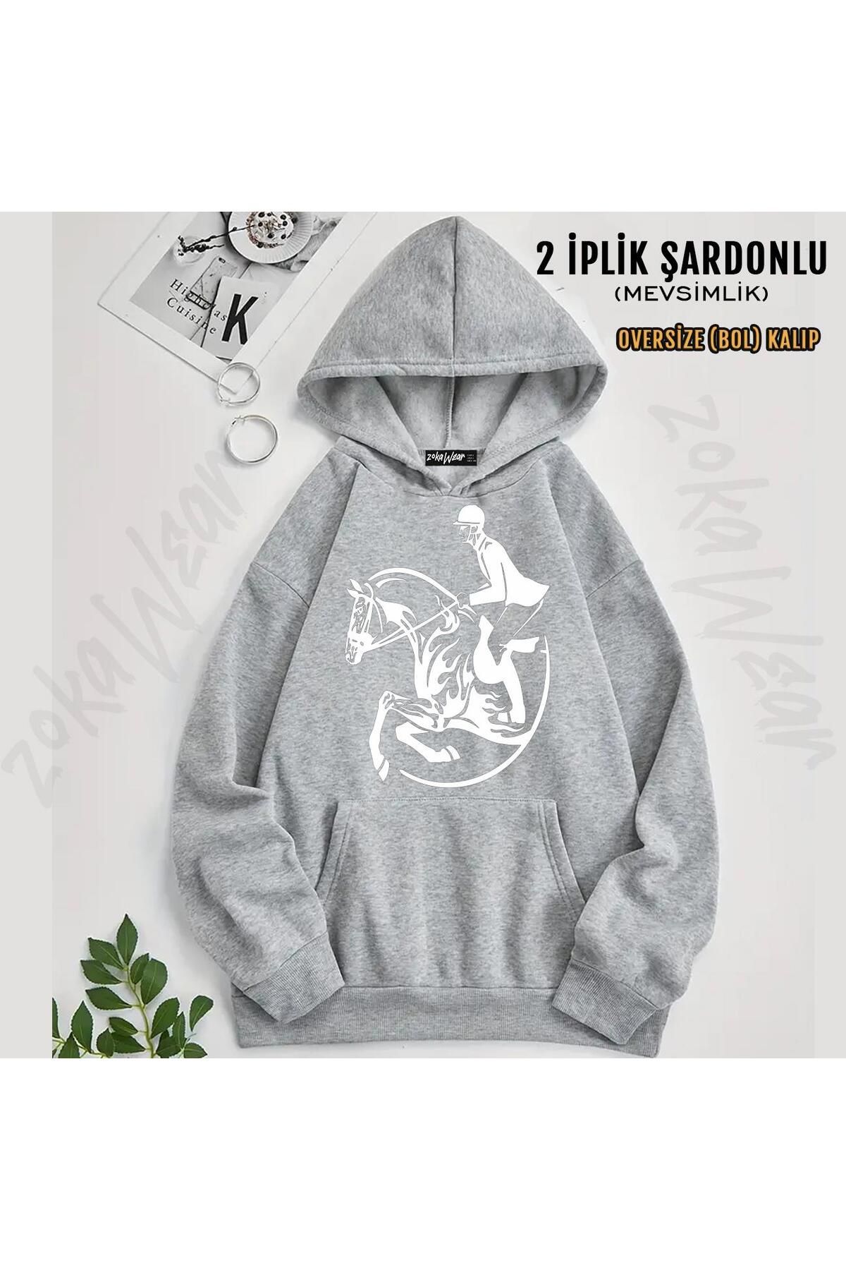 ZOKAWEAR At Yarışı   Horse Race 2 Baskılı Kapüşonlu Oversize Sweatshirt (2 İplik)