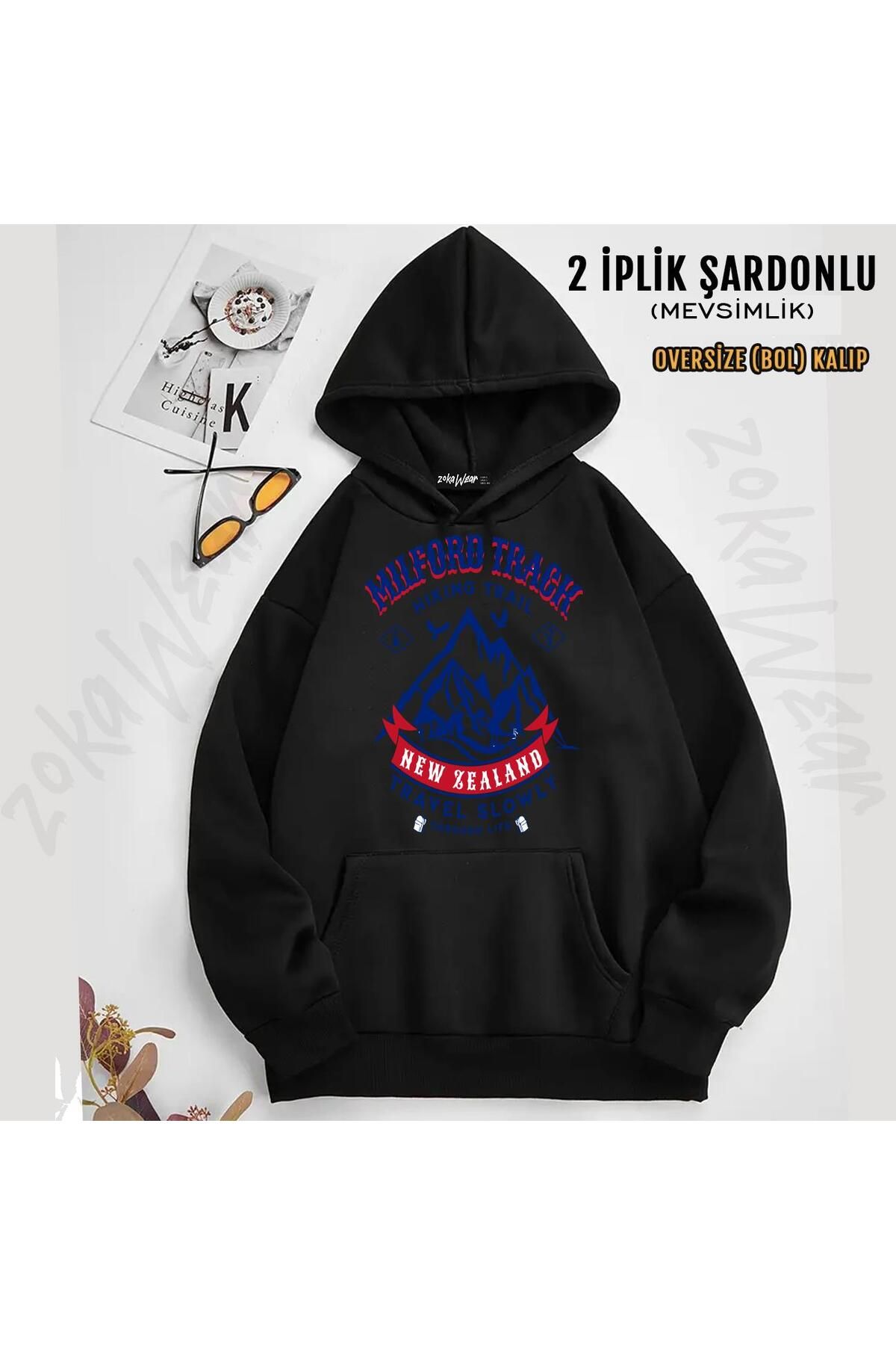 ZOKAWEAR Hanorac De Drumeție Milford Track Cu Imprimeu New Zealand - Cu Glugă, 2 Fire Unisex - L/XL