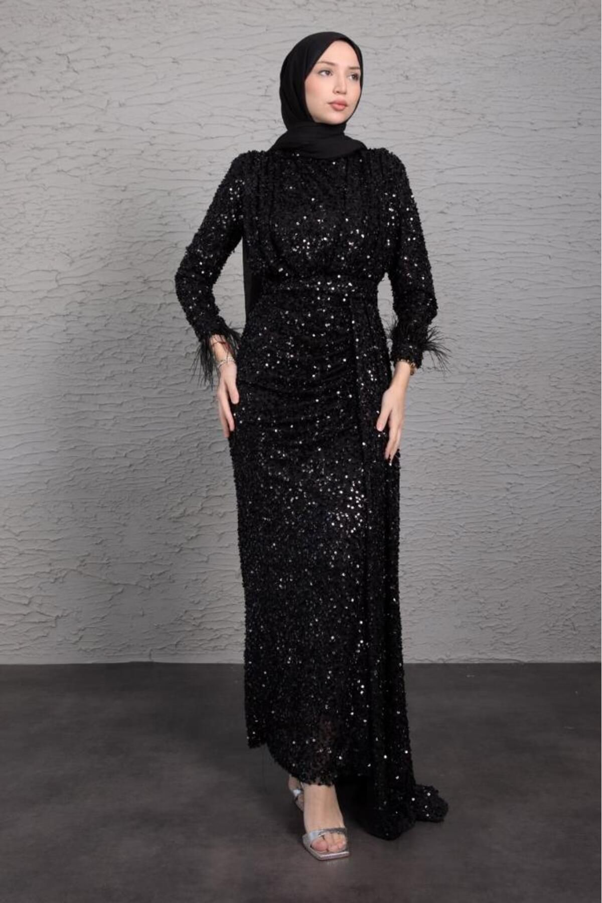 Lamia Giyim-Black Hijab Evening Dress - Sparkle Sequined and Piece Detailed 4