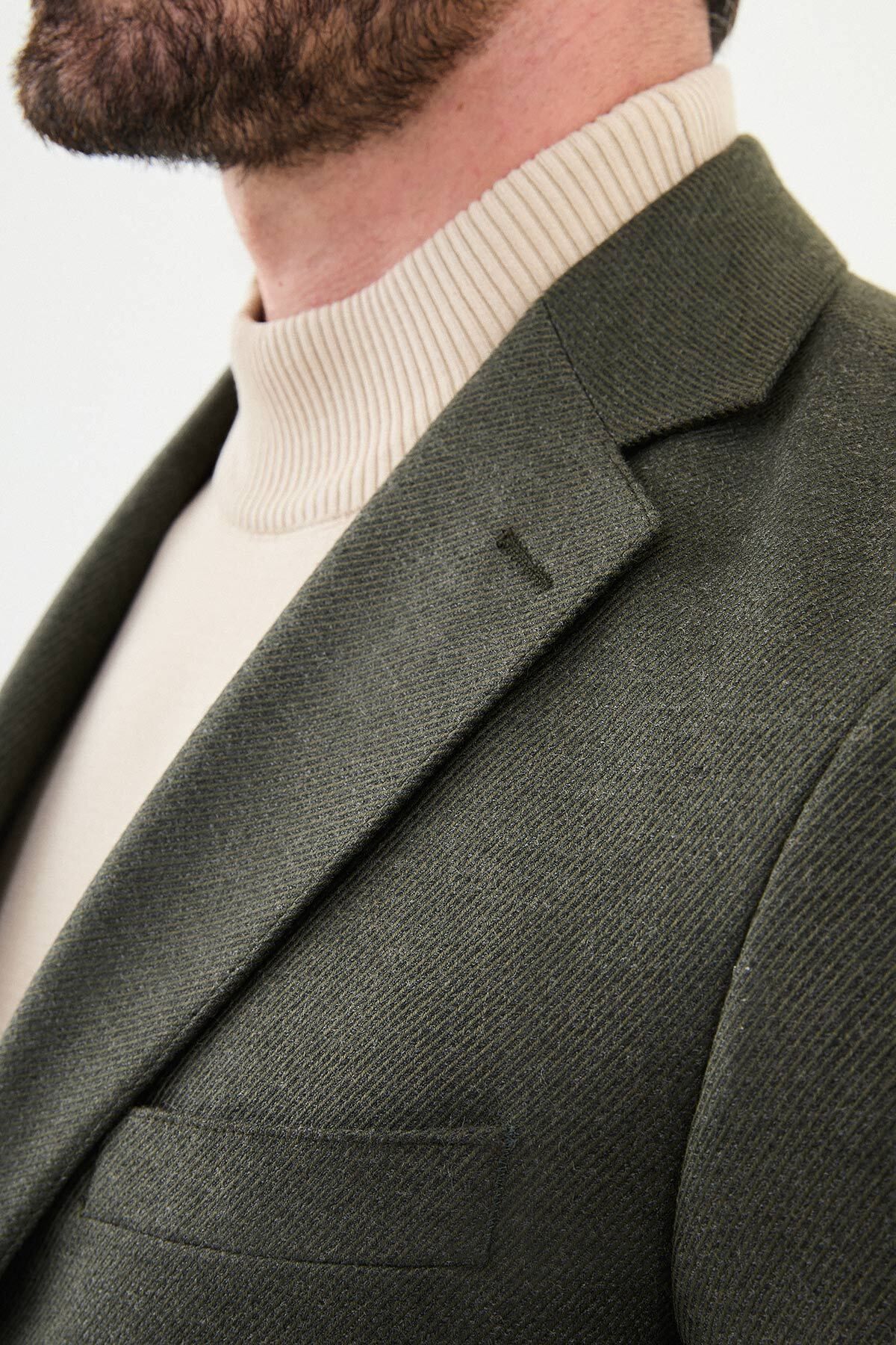 Mcr-Gestreifte Khaki Slim Fit Mono Kragen Klassische Wolljacke für Männer 2