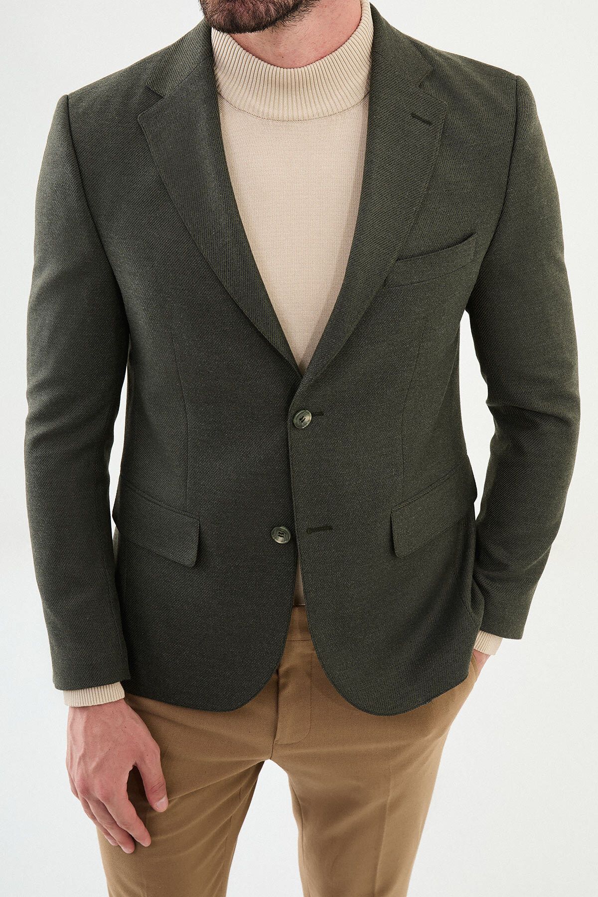 Mcr-Gestreifte Khaki Slim Fit Mono Kragen Klassische Wolljacke für Männer 6